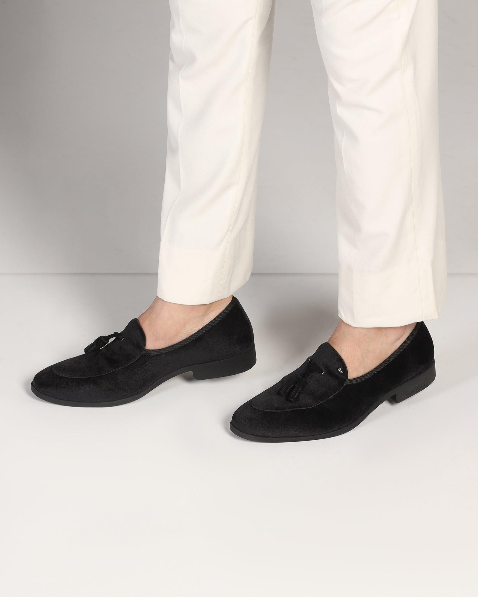 Velvet Black Textured Slip On Shoes - Mrinal - Blackberrys