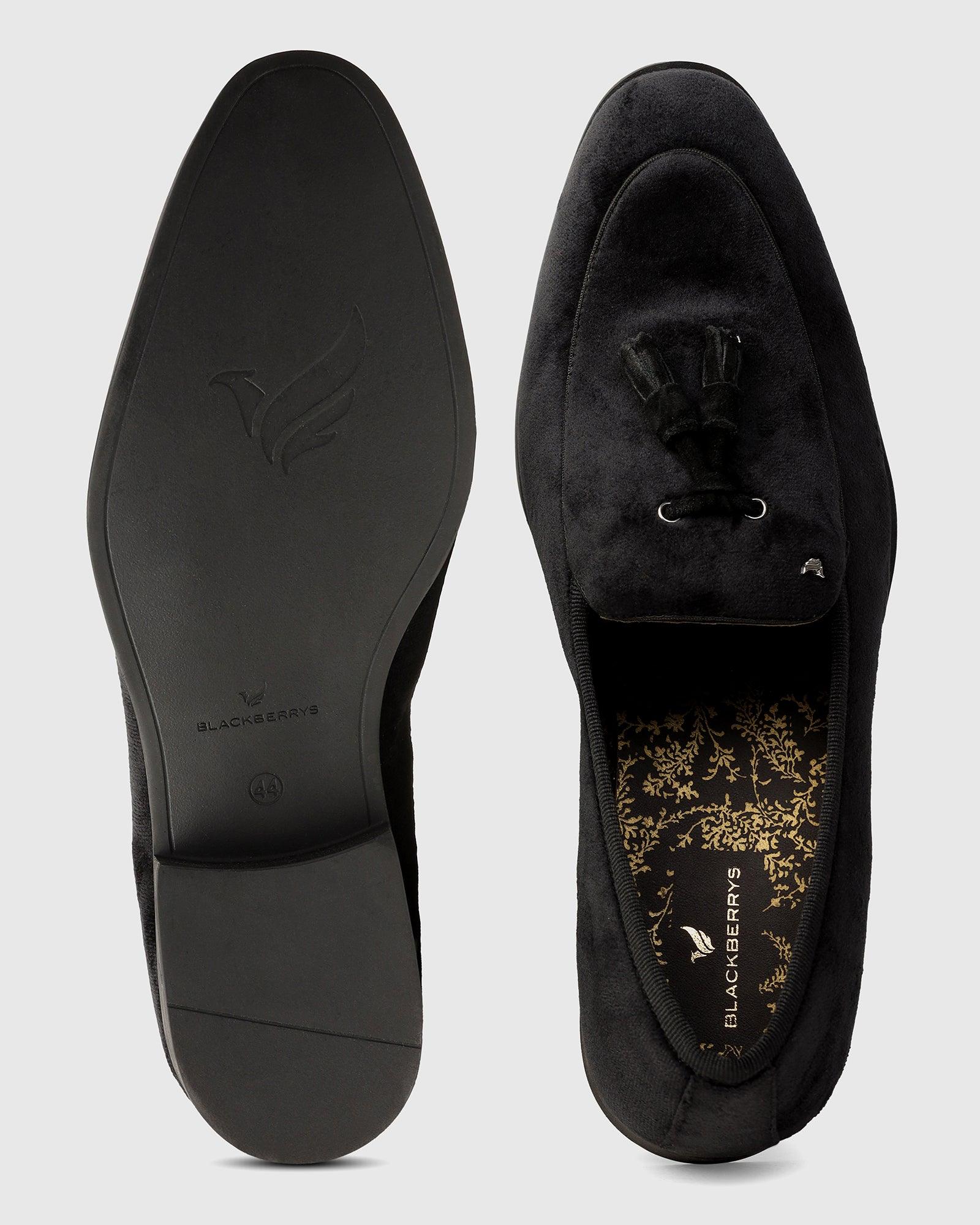 Velvet Black Textured Slip On Shoes - Mrinal - Blackberrys