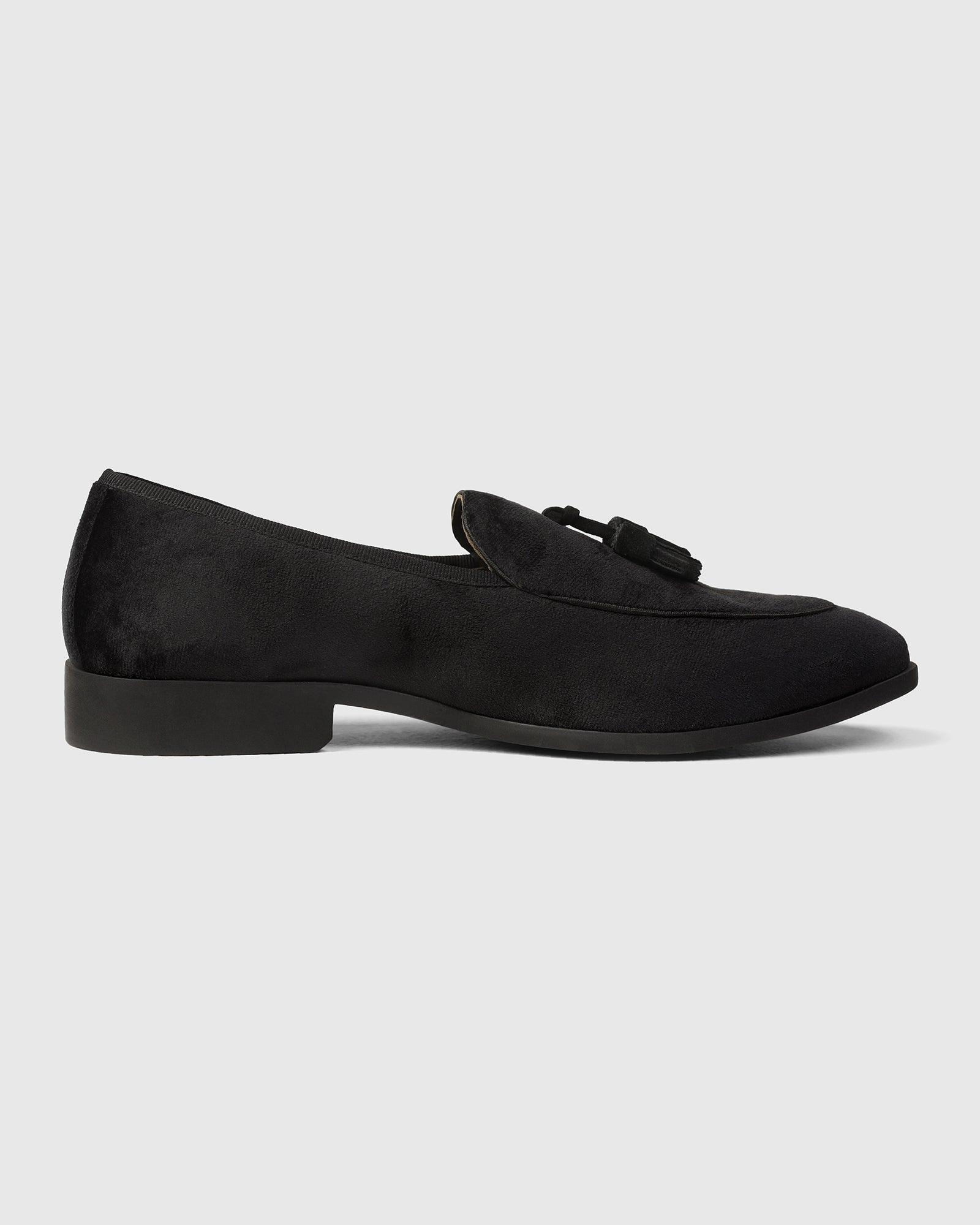 Velvet Black Textured Slip On Shoes - Mrinal - Blackberrys
