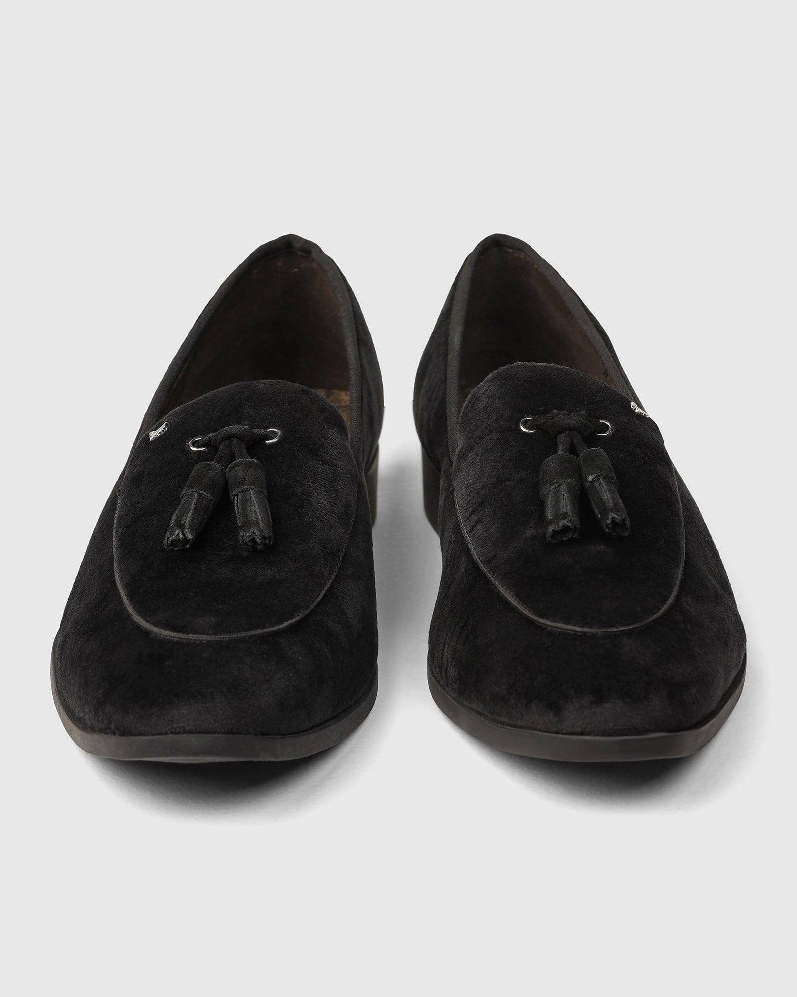 Velvet Black Textured Slip On Shoes - Mrinal - Blackberrys