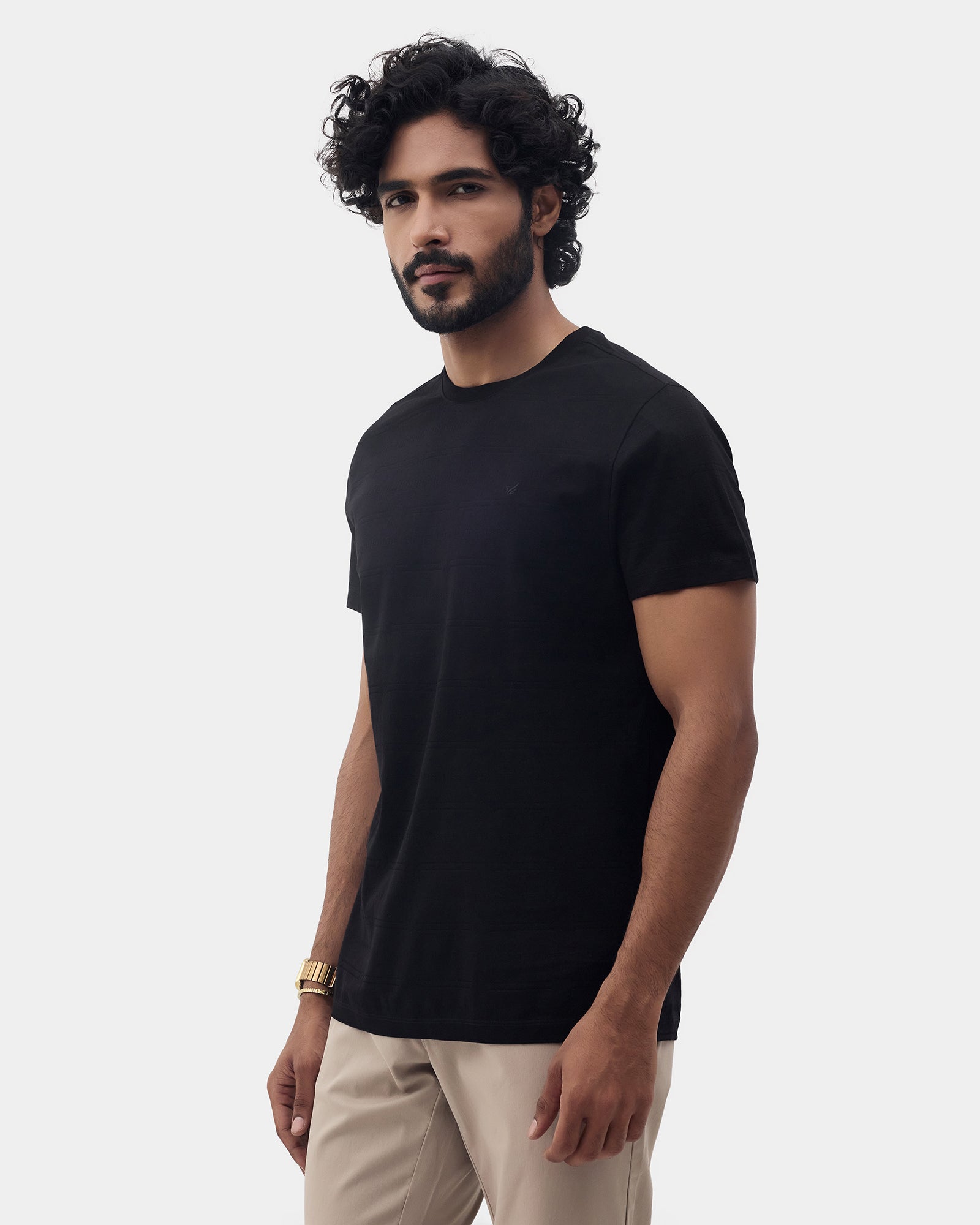 Black Crew Neck Textured T-Shirt - Yukio
