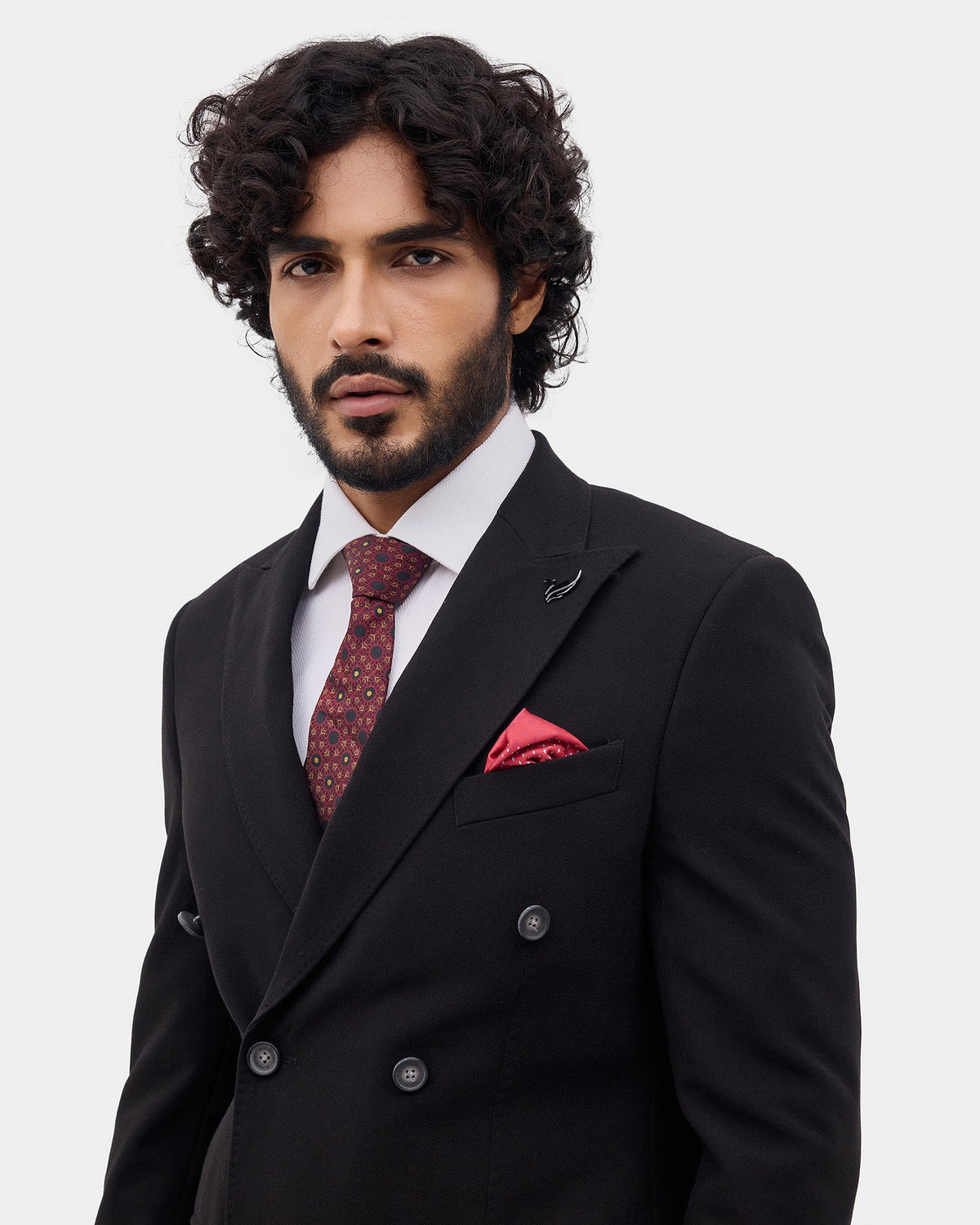 Black Two Piece Double Breasted Textured Suit - Lemok