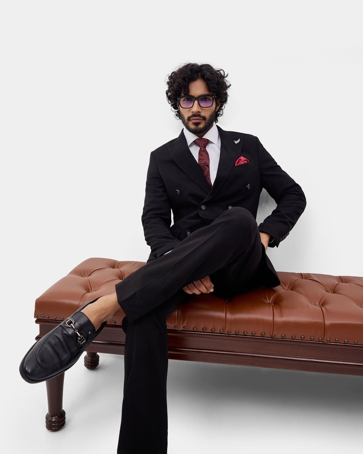 Black Two Piece Double Breasted Textured Suit - Lemok