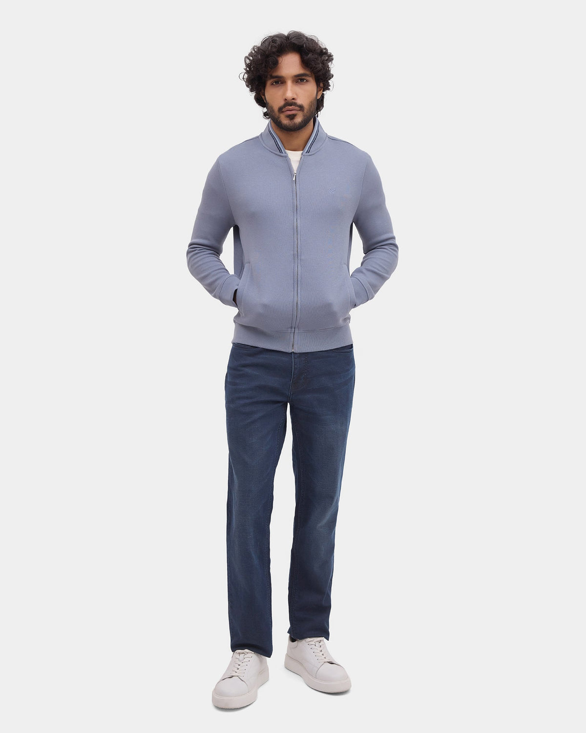 Blue Bomber Neck Solid Sweatshirt - Morgo