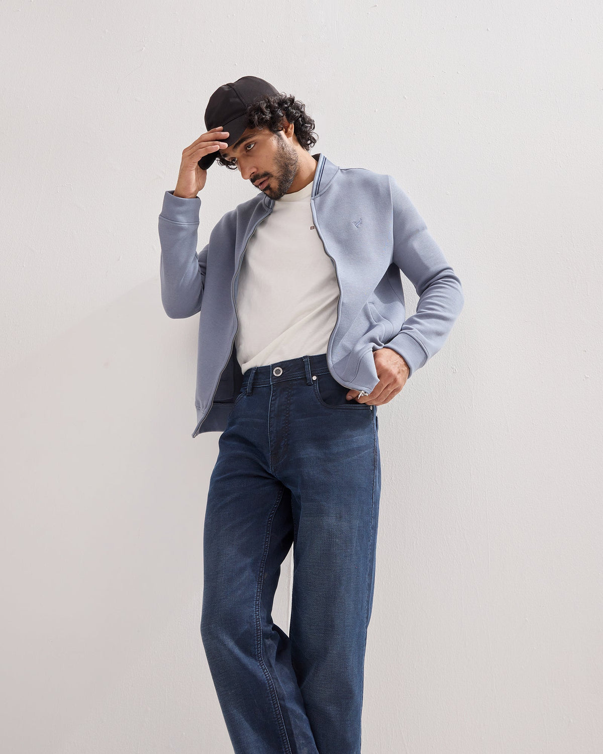 Blue Bomber Neck Solid Sweatshirt - Morgo