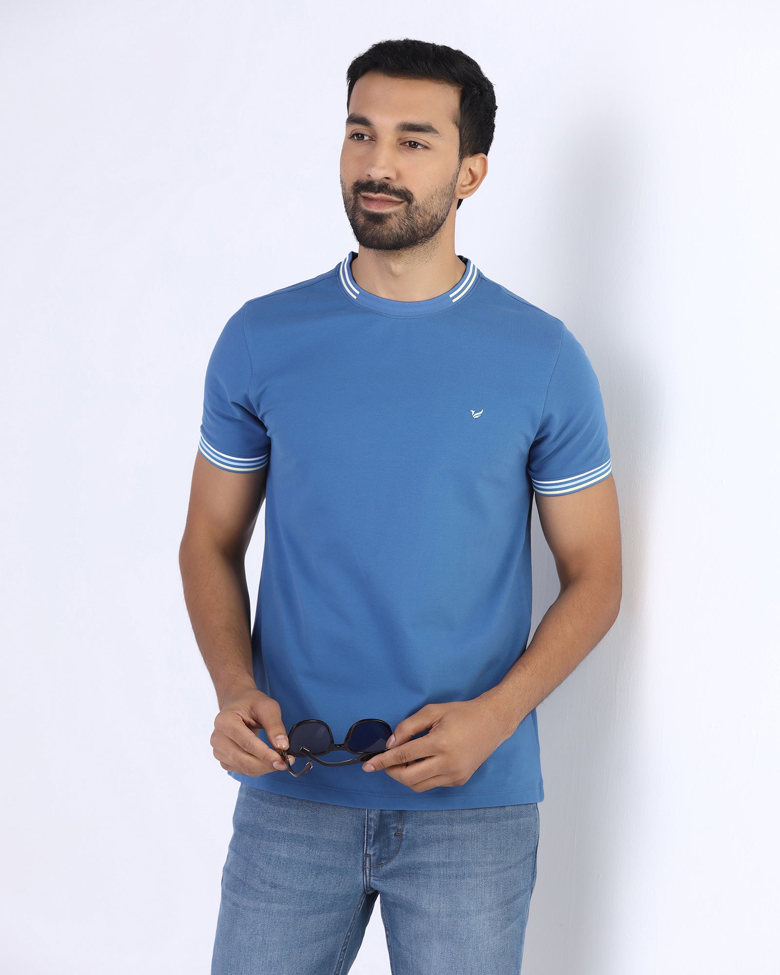 Blue Crew Neck Solid T-Shirt - Bellatrix