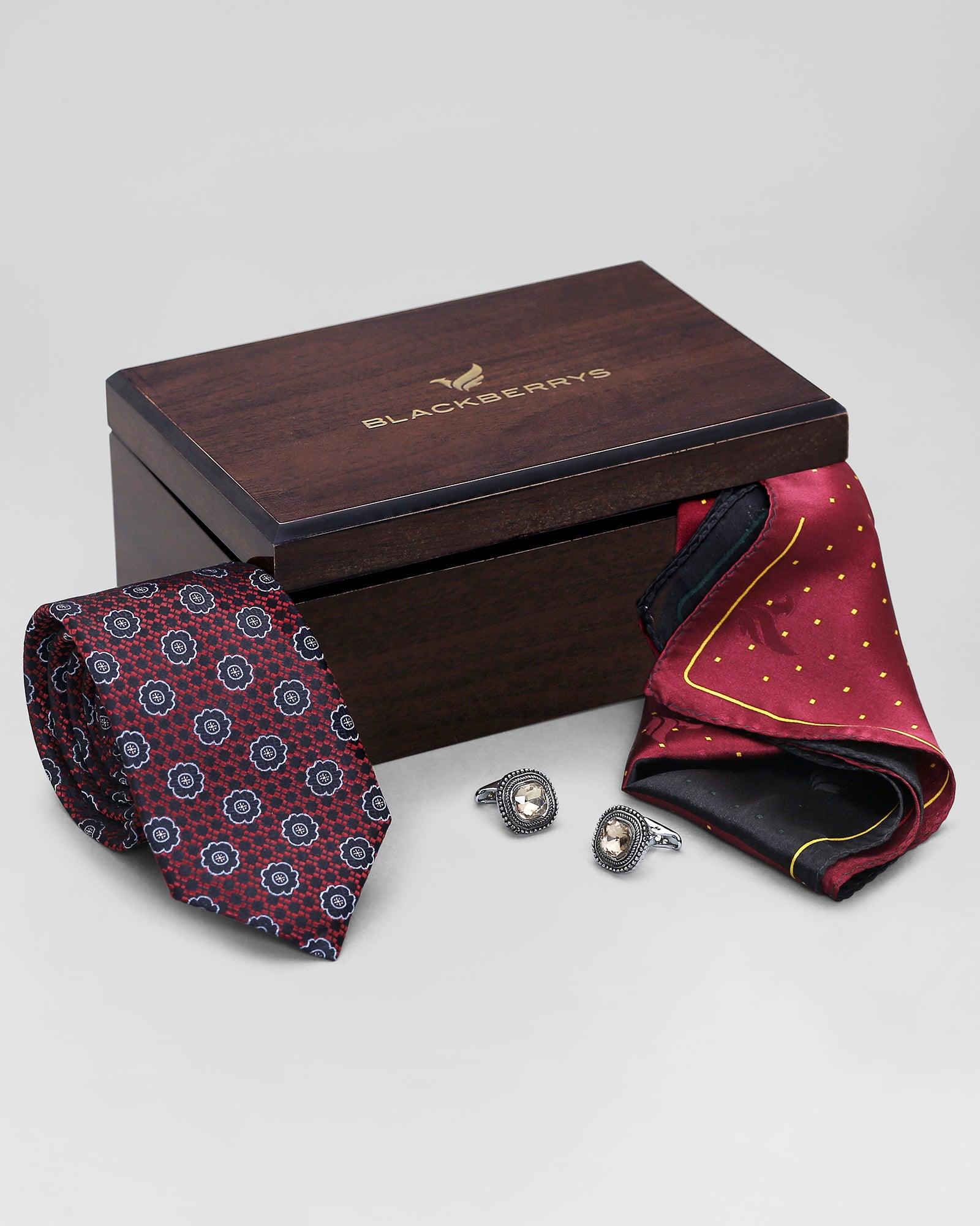 Boxed Combo Printed Tie With Pocket Square And Cufflink (Rayan) - Blackberrys