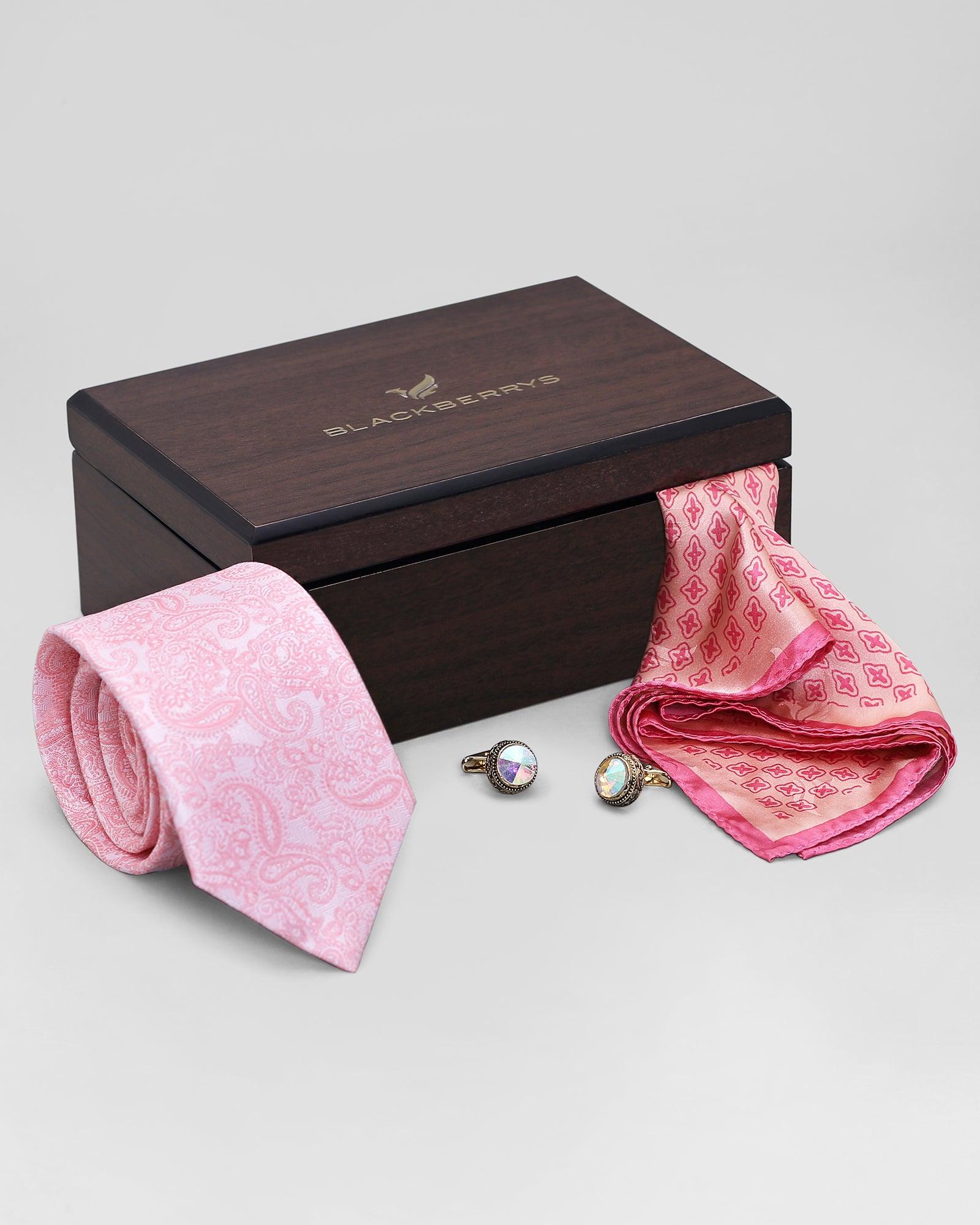 Boxed Combo Printed Tie With Pocket Square And Cufflink (Riki) - Blackberrys