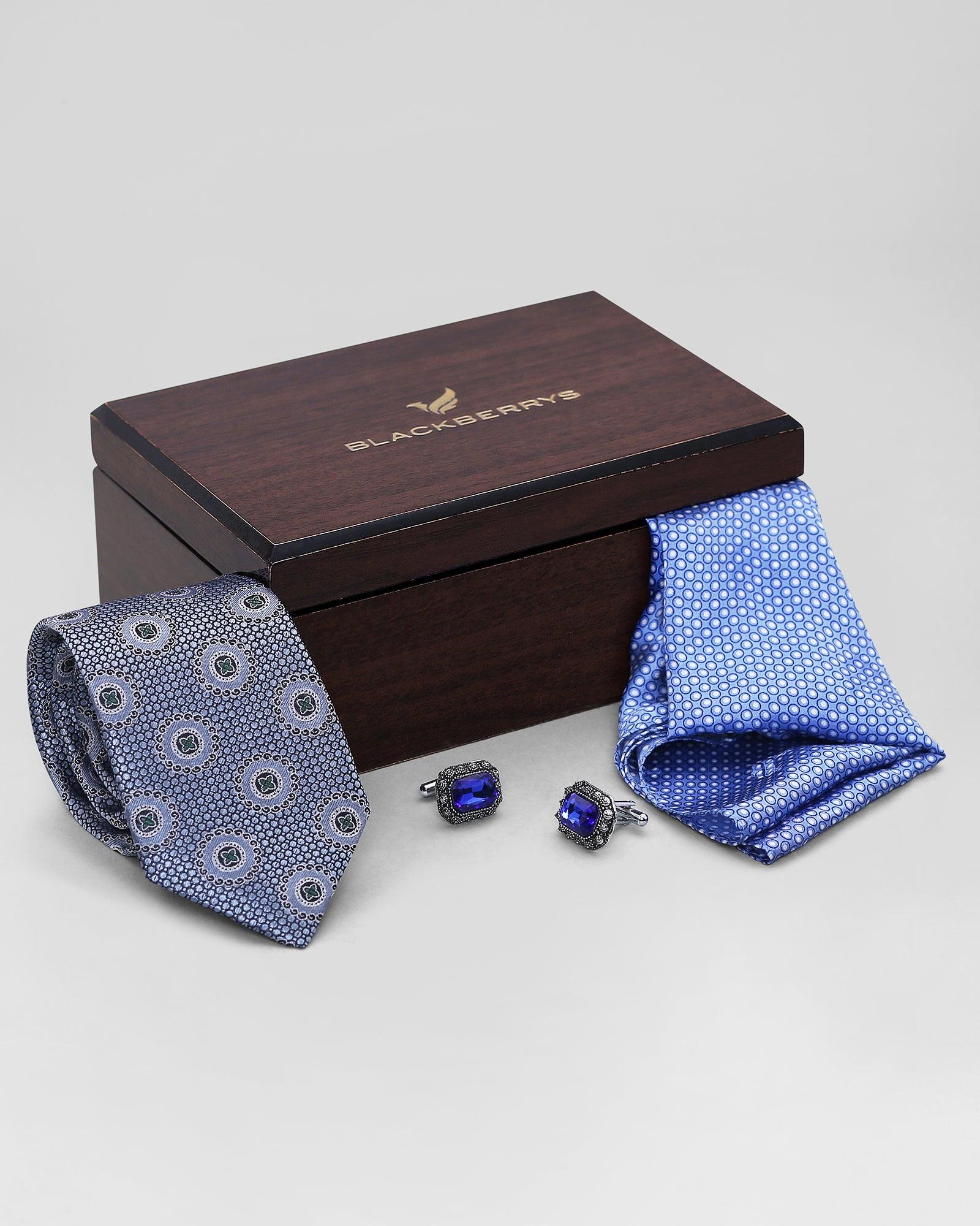 Boxed Combo Printed Tie With Pocket Square And Cufflink (Rissa) - Blackberrys