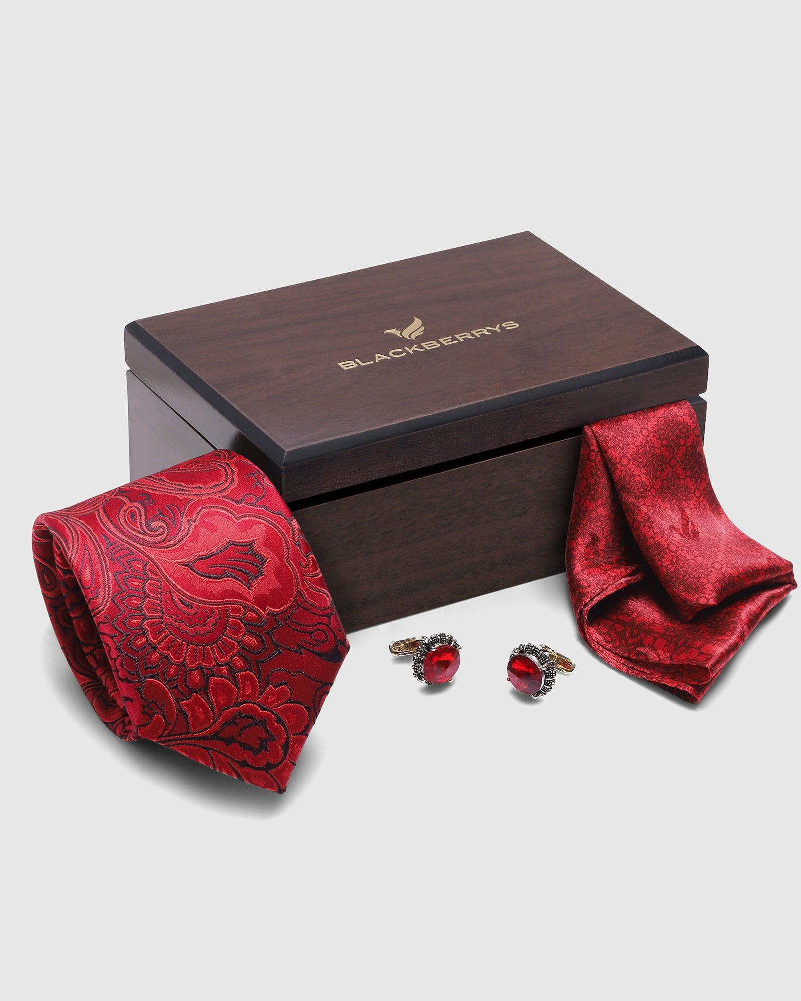 Boxed Combo Printed Tie With Pocket Square And Cufflink (Sarabic) - Blackberrys