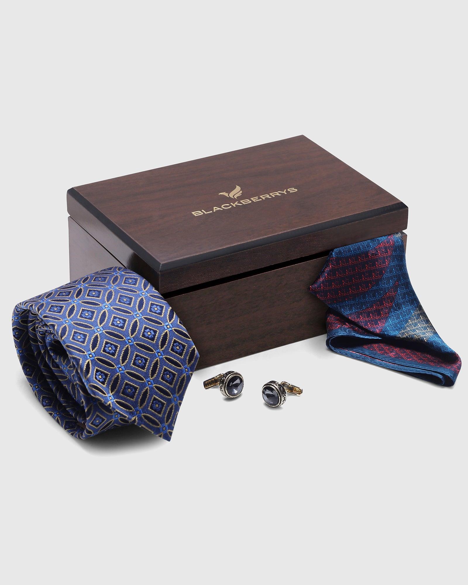 Boxed Combo Printed Tie With Pocket Square And Cufflink (Soila) - Blackberrys