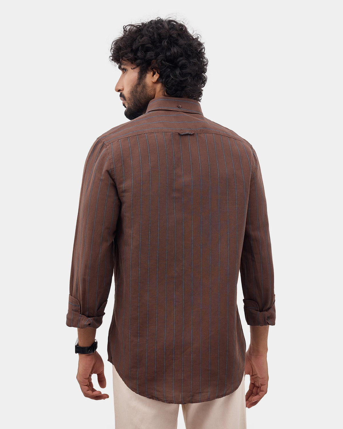 Brown Linen Button Down Stripe Shirt - Proba