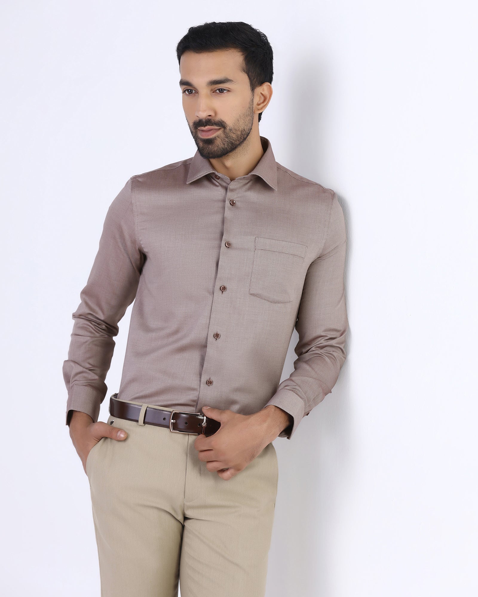 Brown Non Iron Textured Shirt - Ember