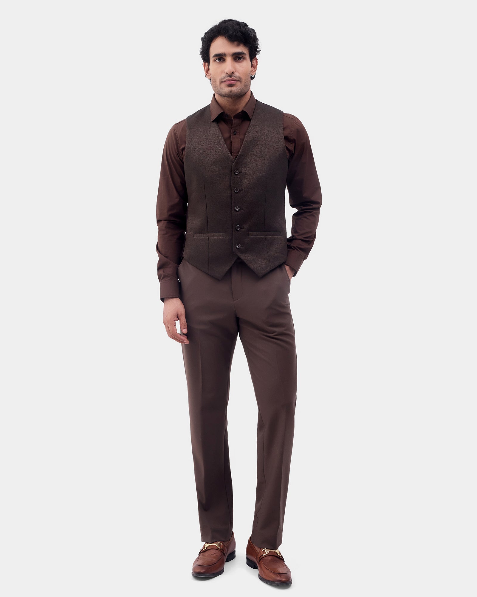 Brown Three Piece Solid Suit - Colteo