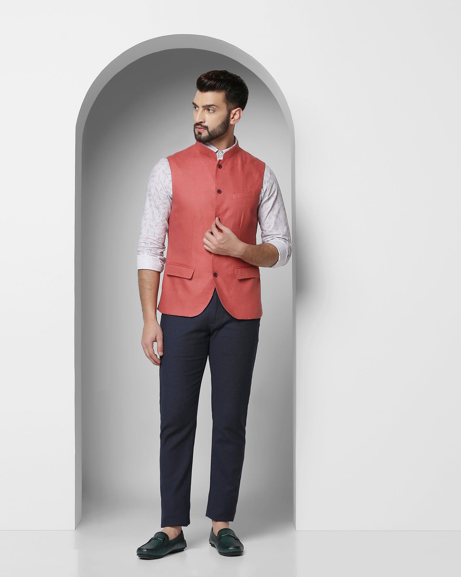 Solid Casual Bandhgala Waistcoat In Peach (Seamus) - Blackberrys