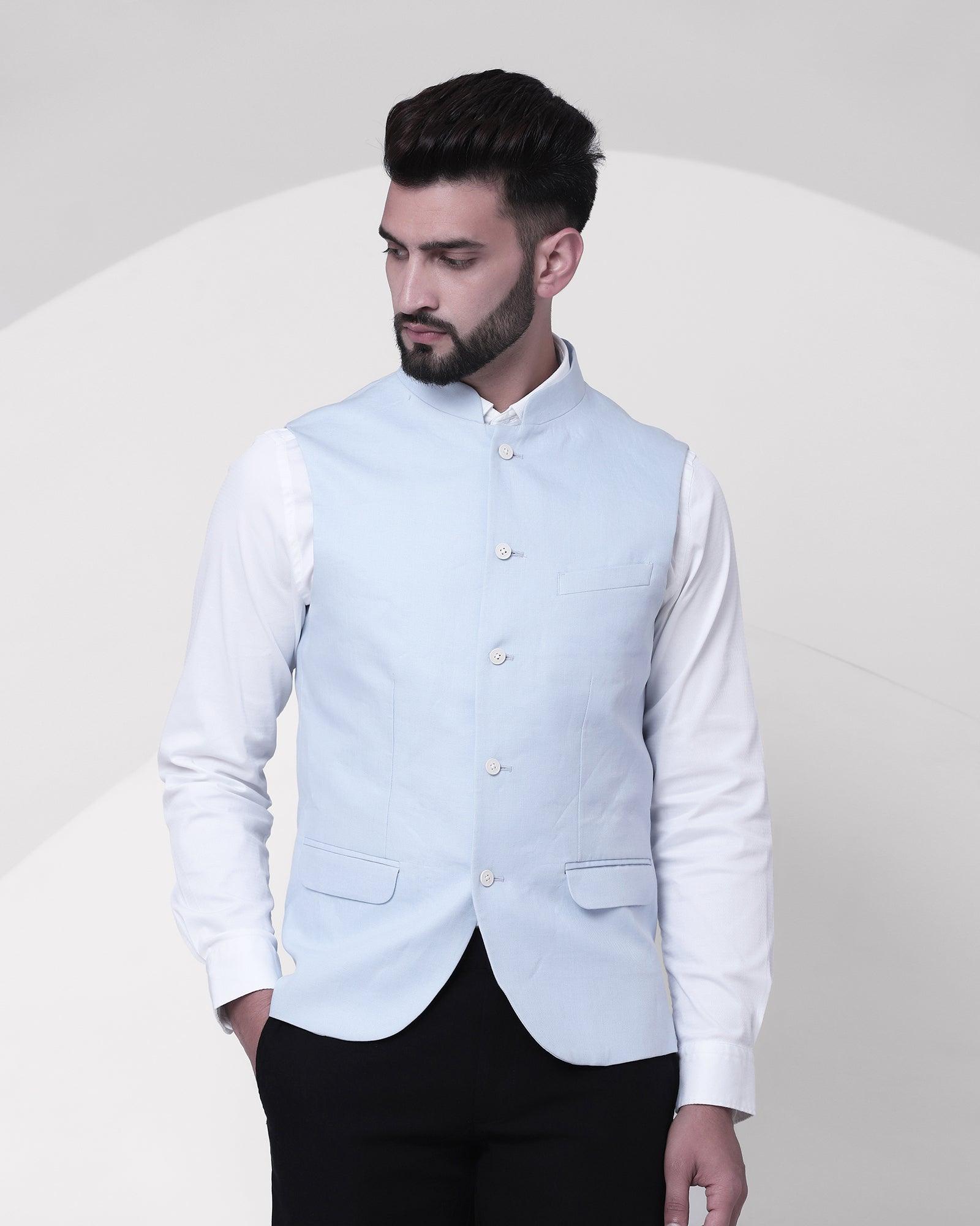 Solid Casual Bandhgala Waistcoat In Sky Blue (Crew) - Blackberrys