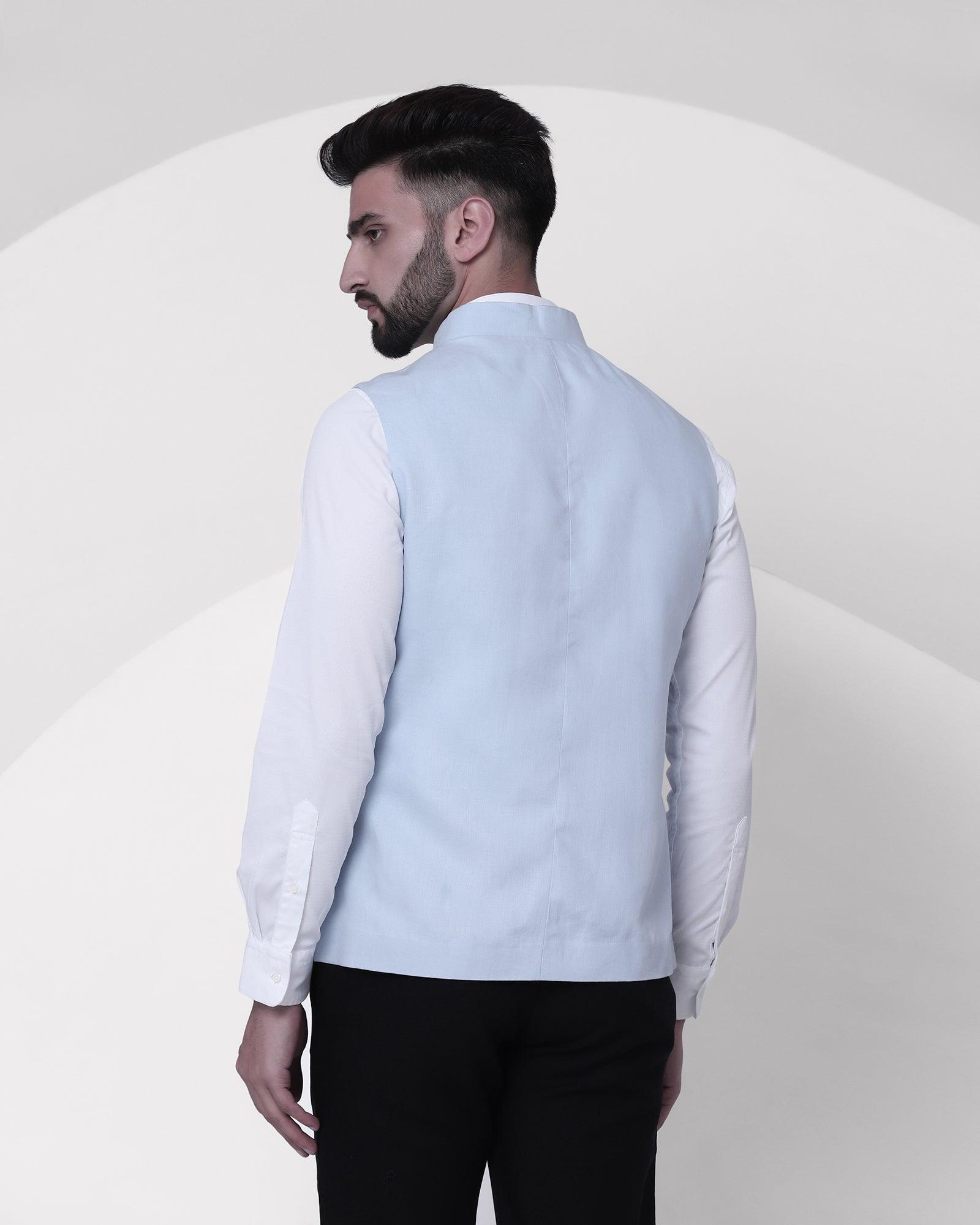Solid Casual Bandhgala Waistcoat In Sky Blue (Crew) - Blackberrys