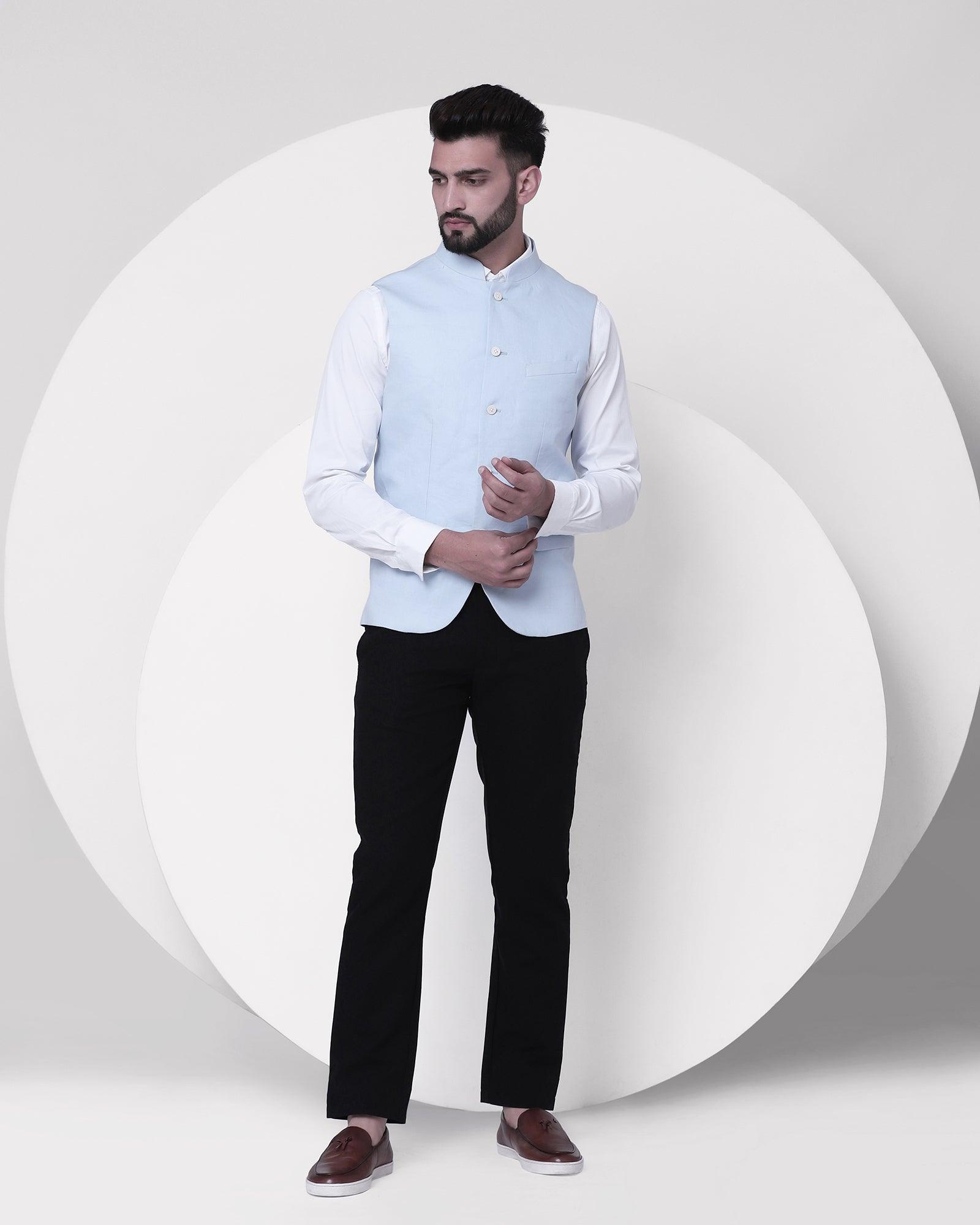 Solid Casual Bandhgala Waistcoat In Sky Blue (Crew) - Blackberrys
