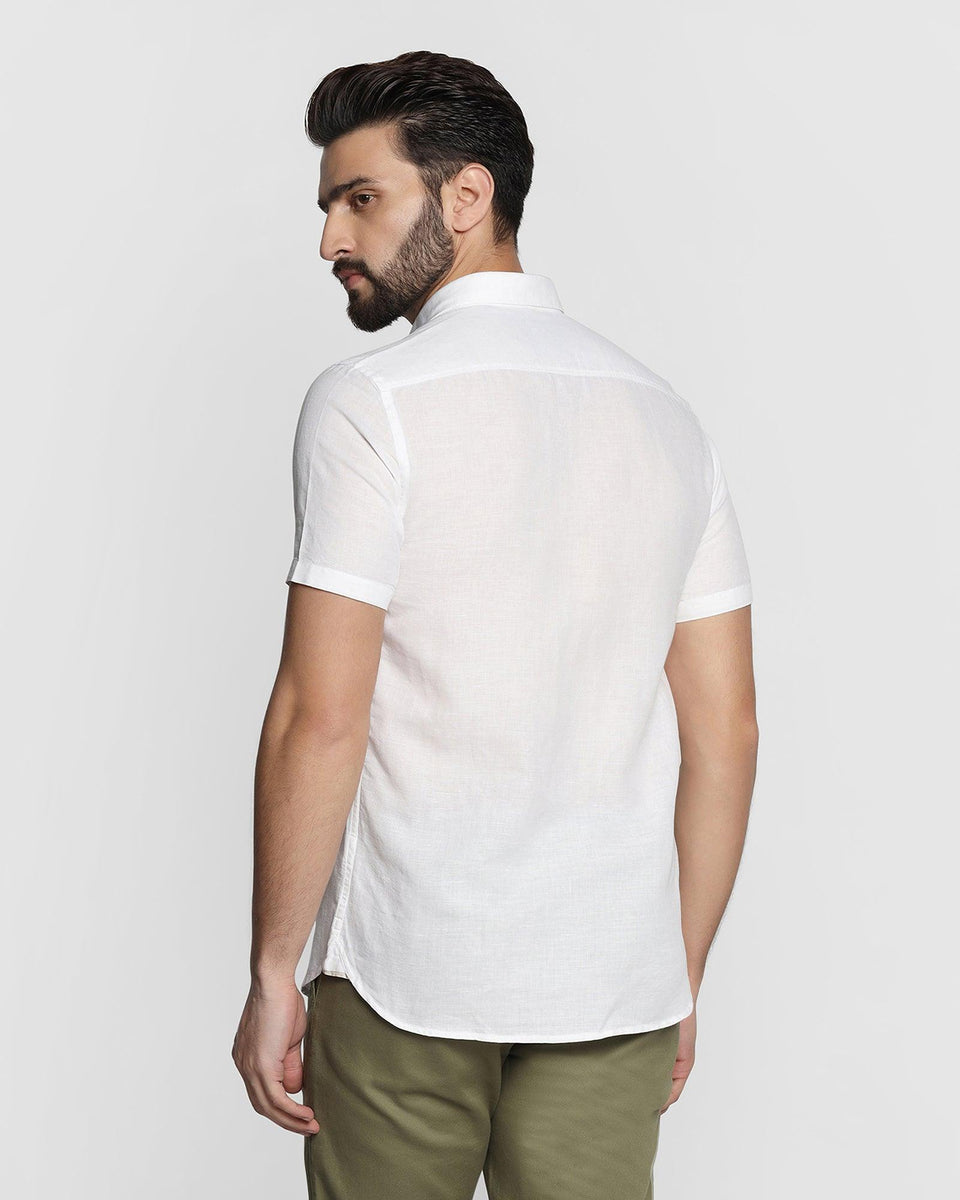 Linen Formal Half Sleeve White Solid Shirt - Salmon