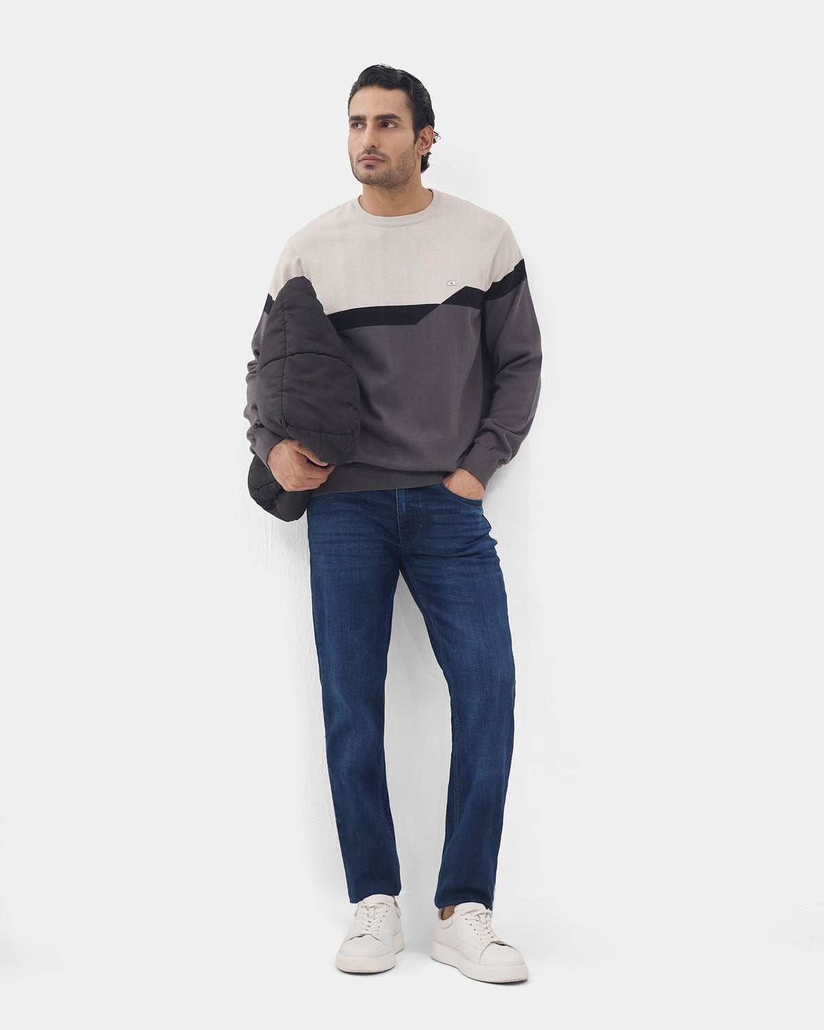 Charcoal Grey Crew Neck Textured Sweater - Pepper