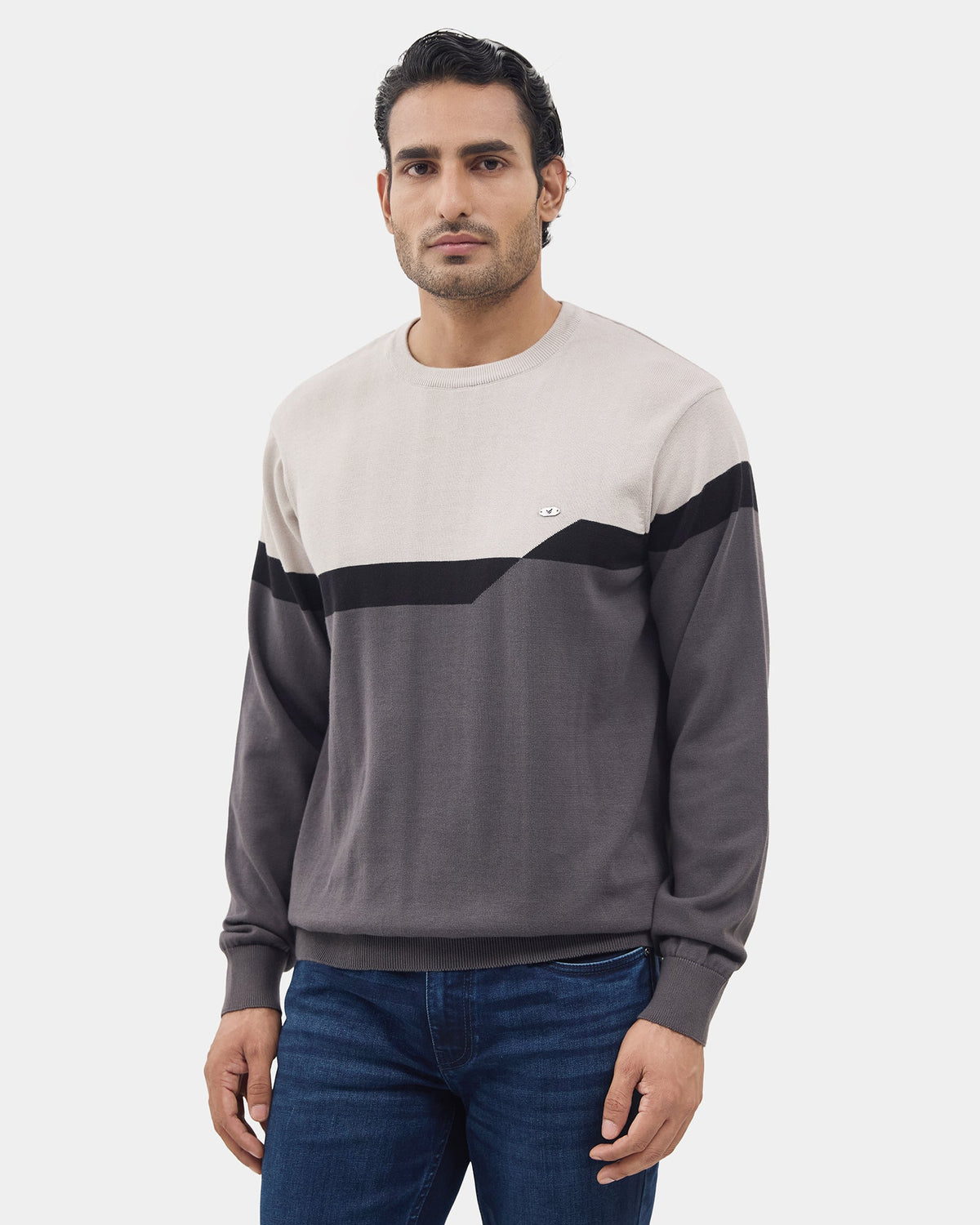 Charcoal Grey Crew Neck Textured Sweater - Pepper