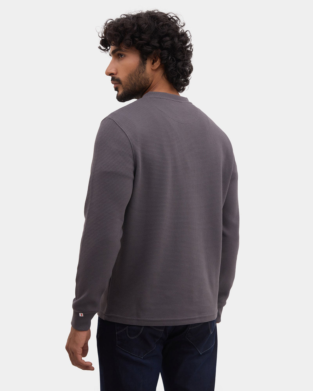 Charcoal Grey Henley Collar Textured Sweatshirt - Sand