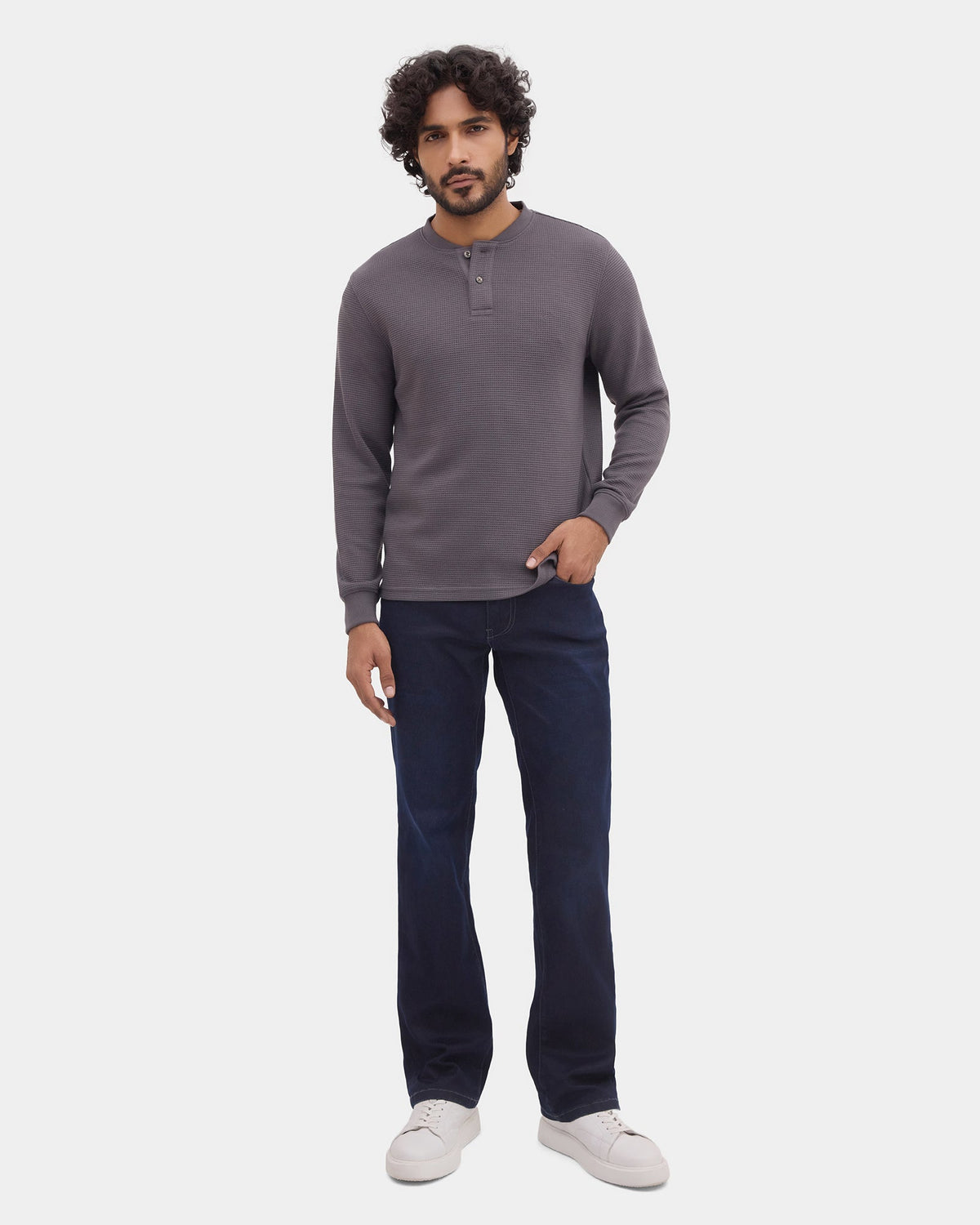 Charcoal Grey Henley Collar Textured Sweatshirt - Sand