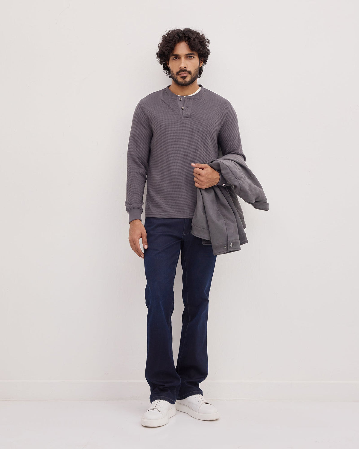 Charcoal Grey Henley Collar Textured Sweatshirt - Sand