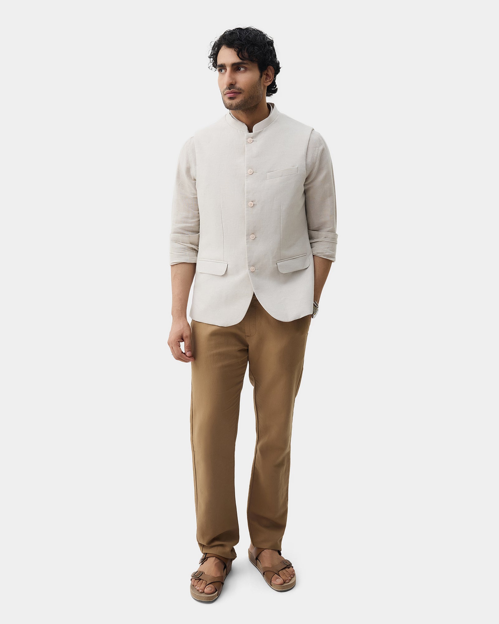 Beige Bandhgala Linen Textured Waistcoat - Drift