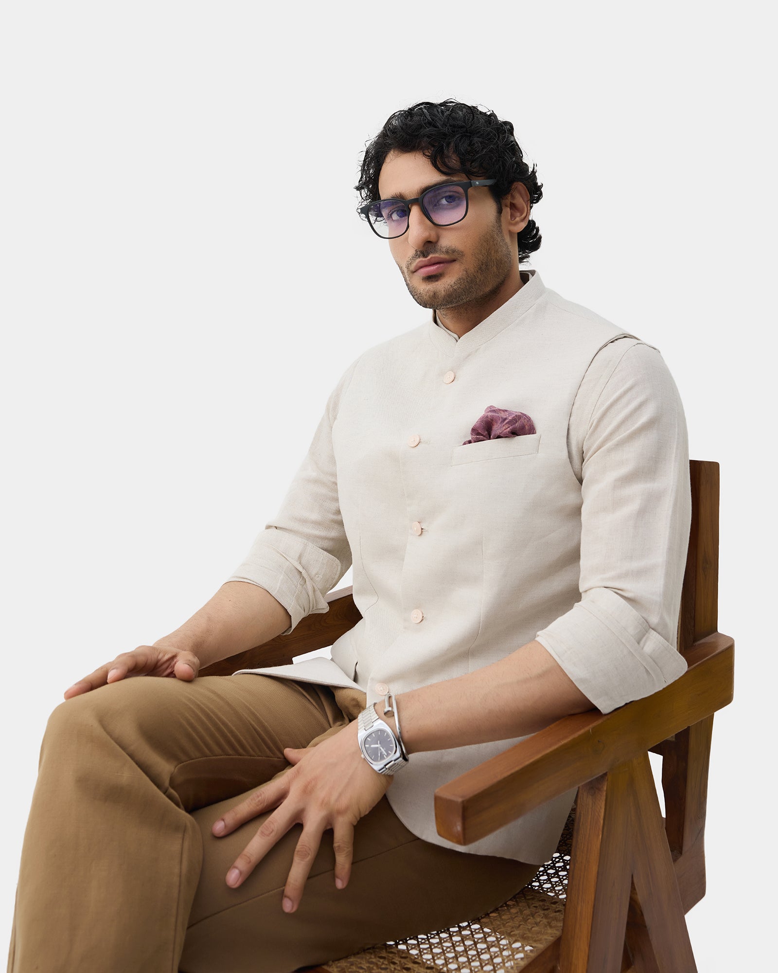 Beige Bandhgala Linen Textured Waistcoat - Drift