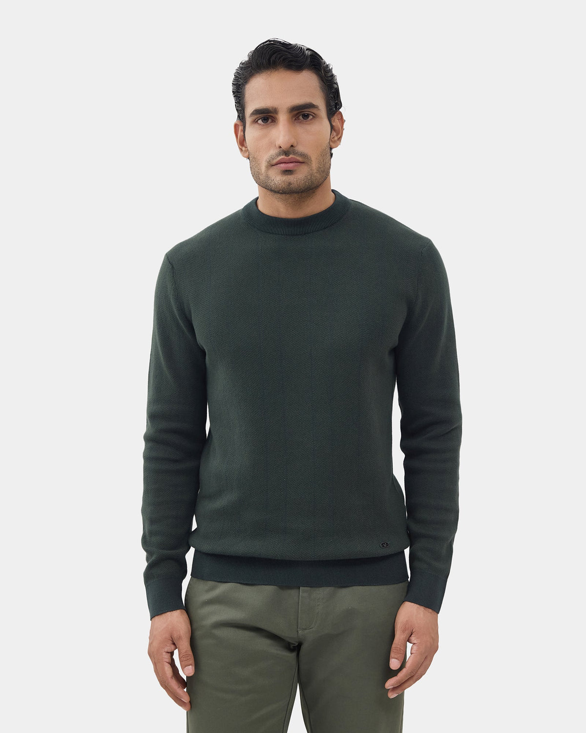 Dark Green Crew Neck Textured Sweater - Marita