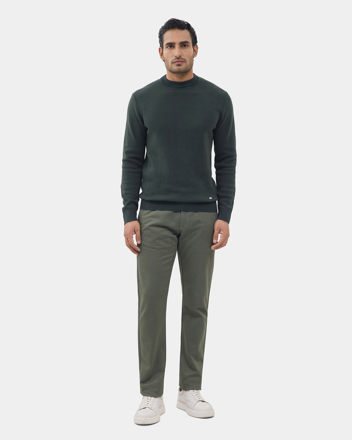 Dark Green Crew Neck Textured Sweater - Marita