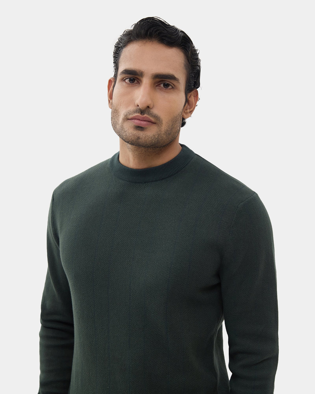 Dark Green Crew Neck Textured Sweater - Marita