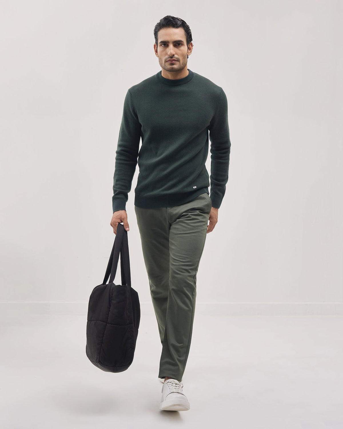 Dark Green Crew Neck Textured Sweater - Marita