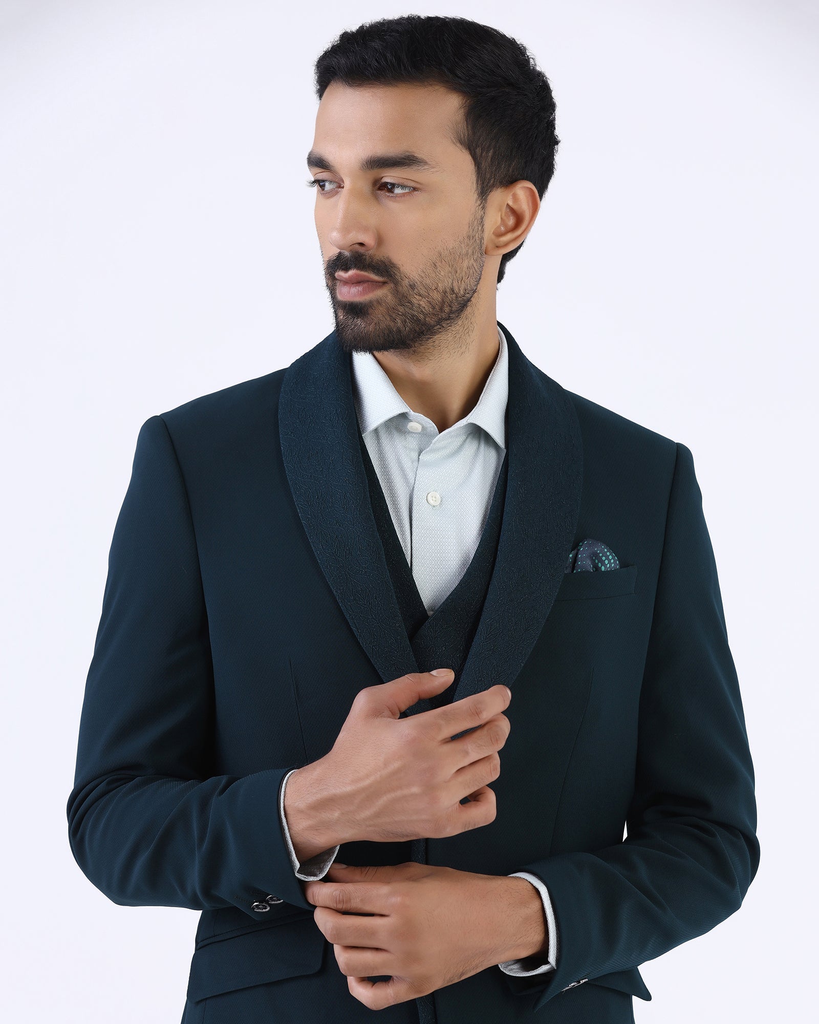 Dark Green Three Piece Textured Suit - Gerren