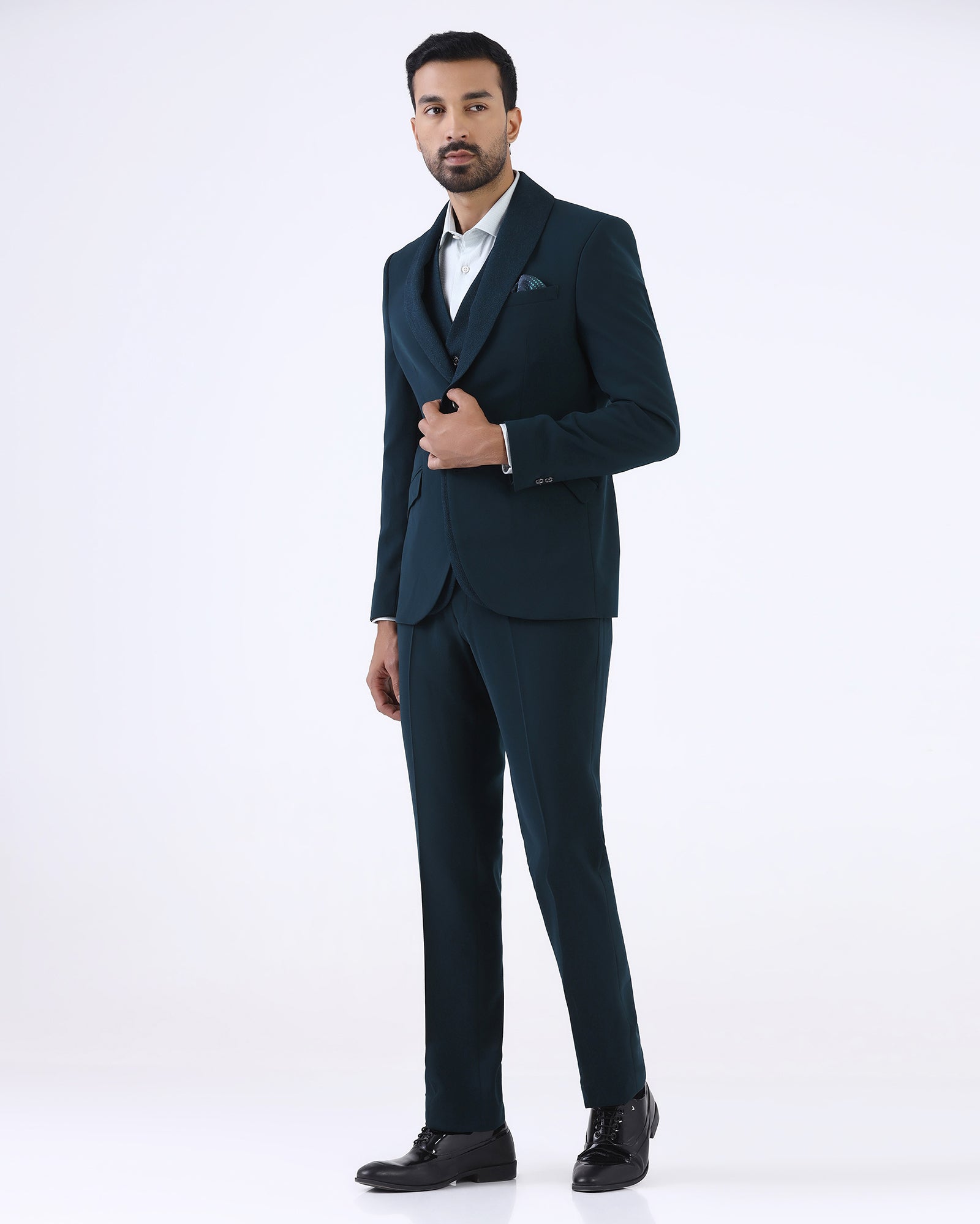 Dark Green Three Piece Textured Suit - Gerren