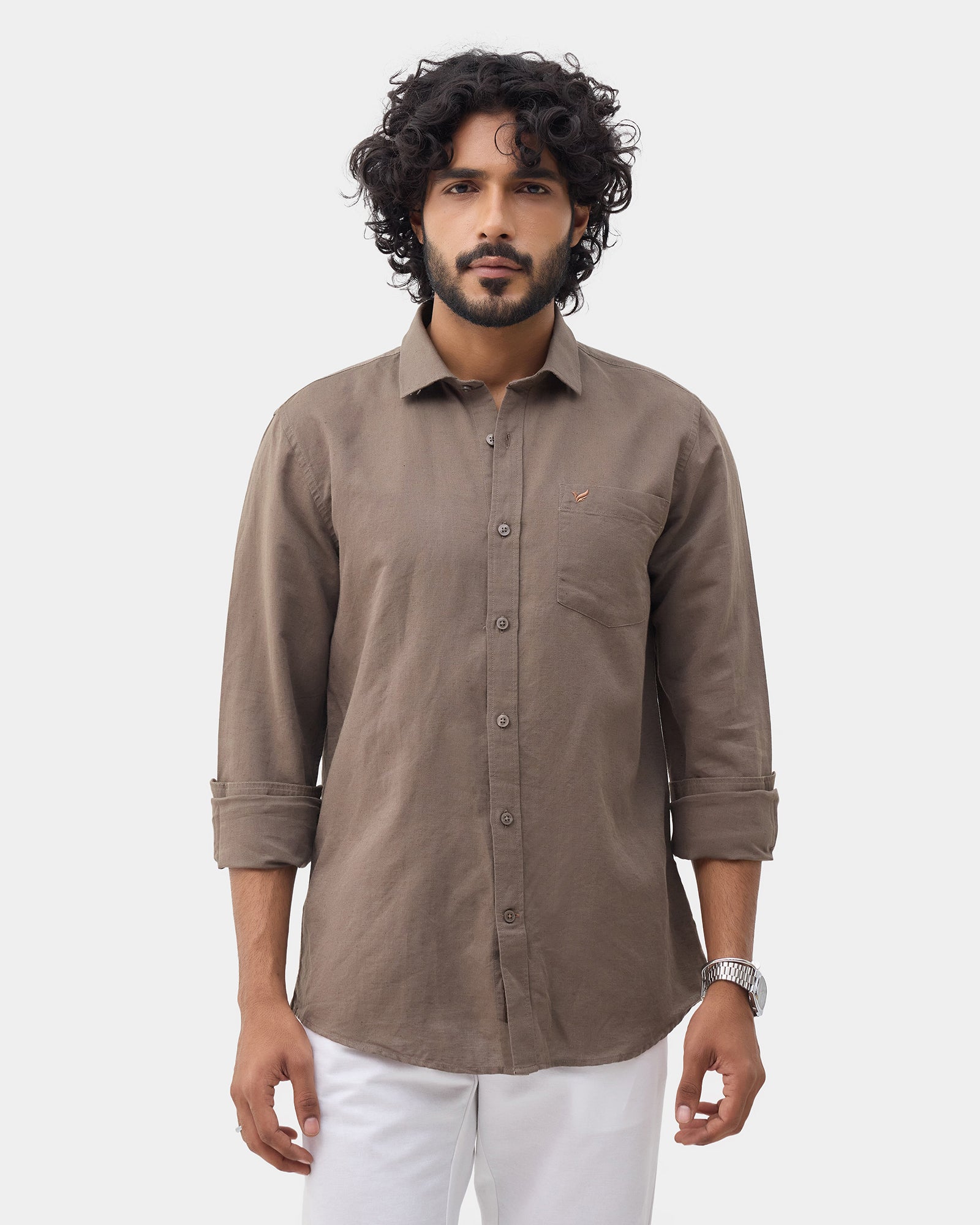 Brown Linen Solid Shirt - Cleo