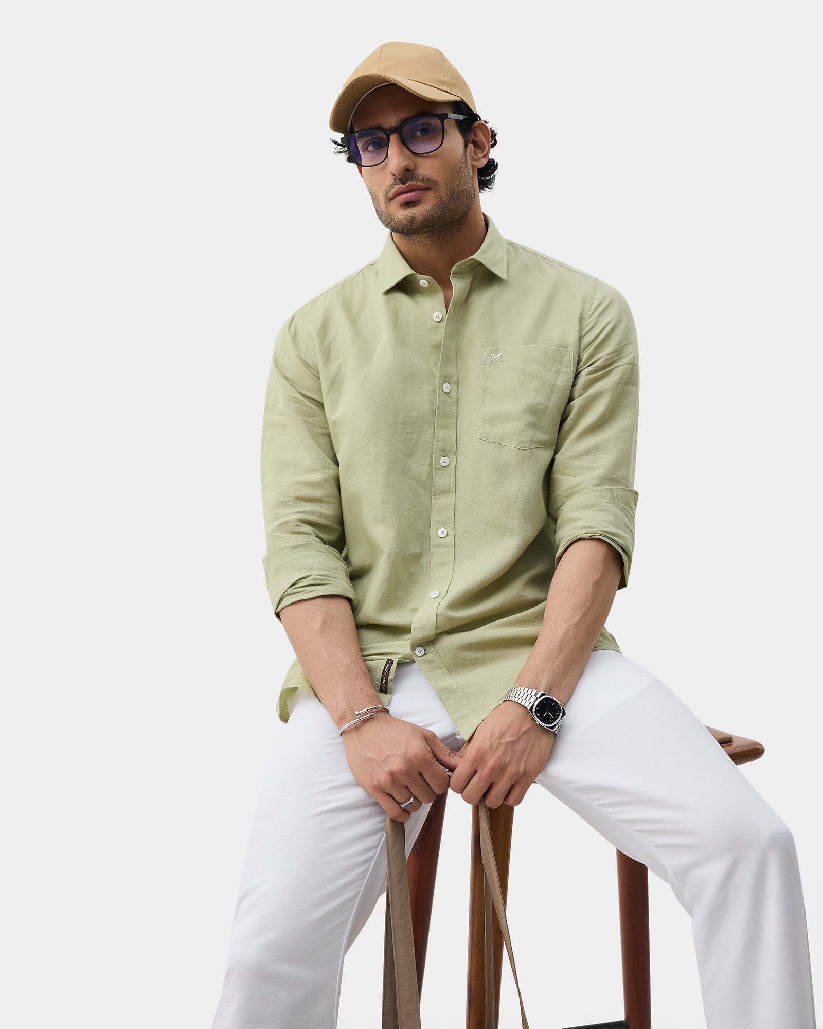 Light Green Linen Solid Shirt - Cleo
