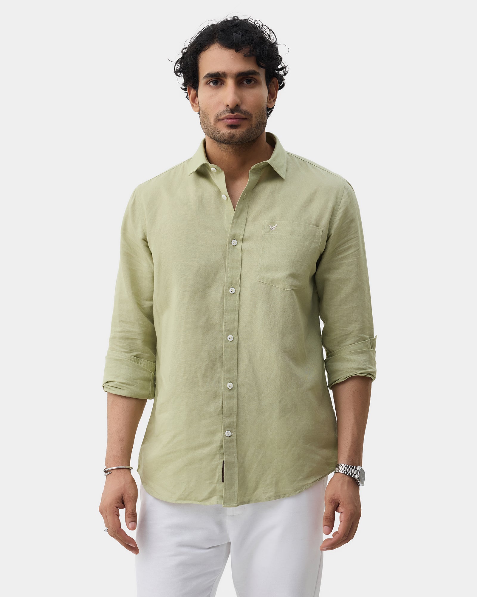Light Green Linen Solid Shirt - Cleo