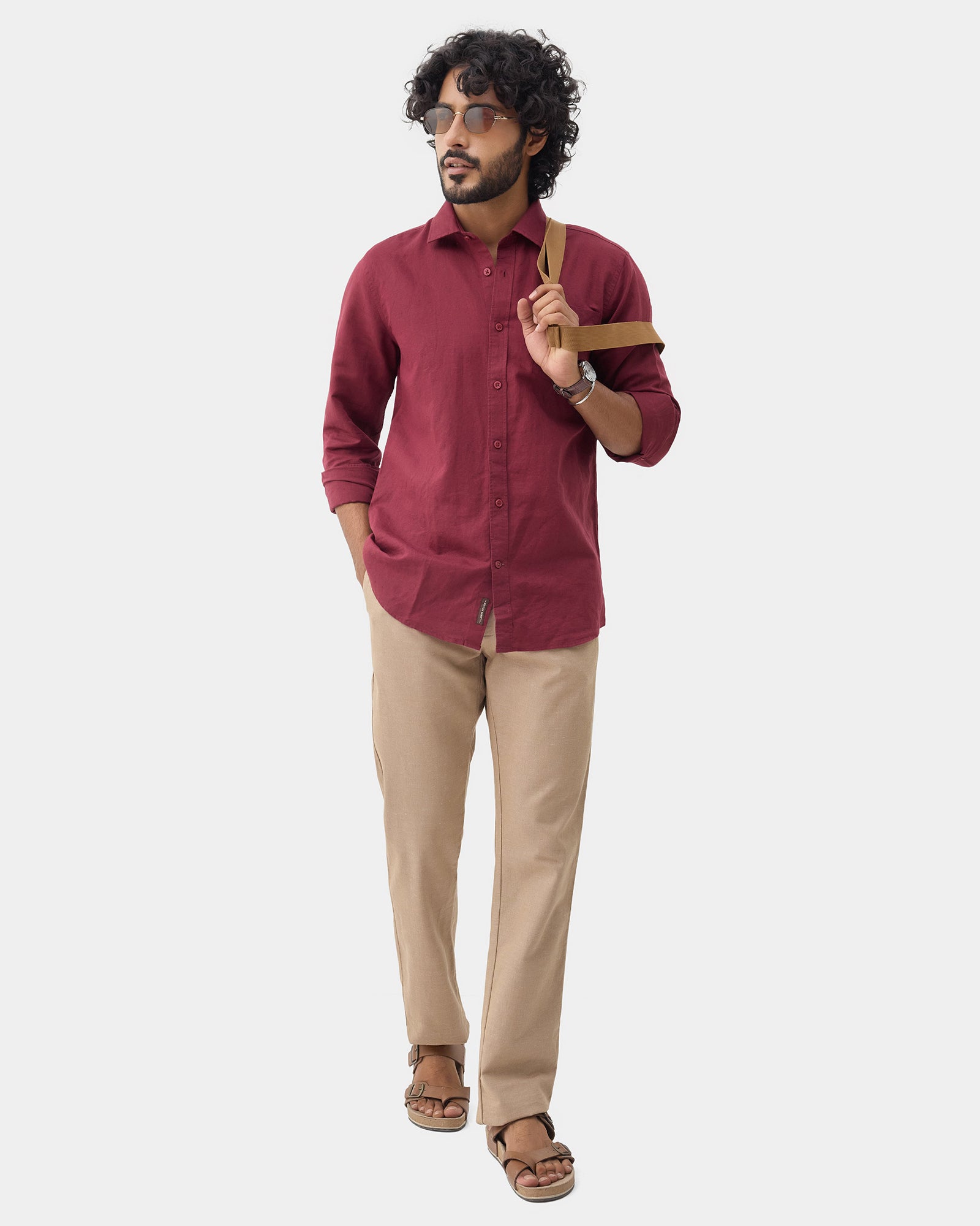 Wine Red Linen Solid Shirt - Cleo