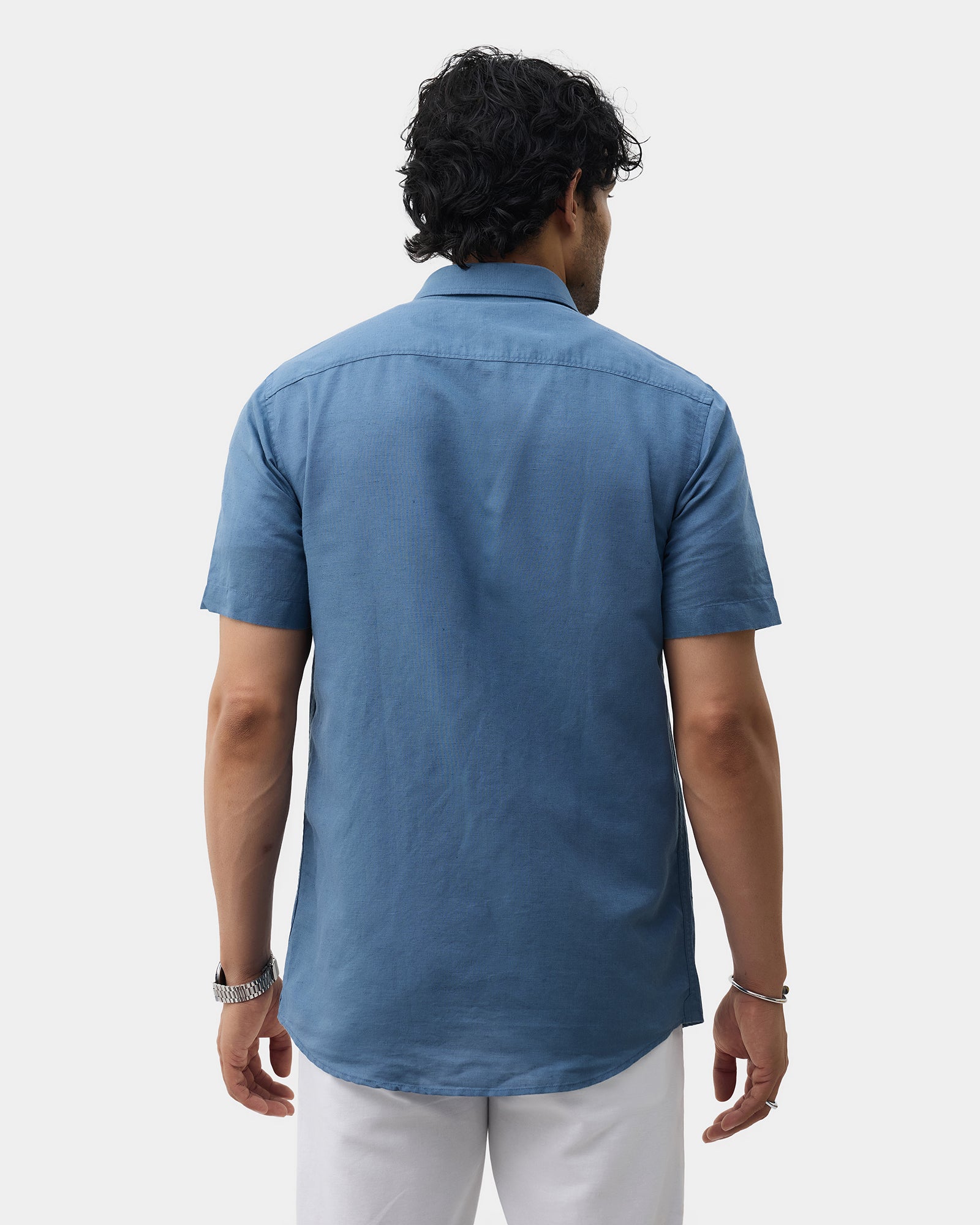 Blue Half Sleeve Linen Solid Shirt - Cleo