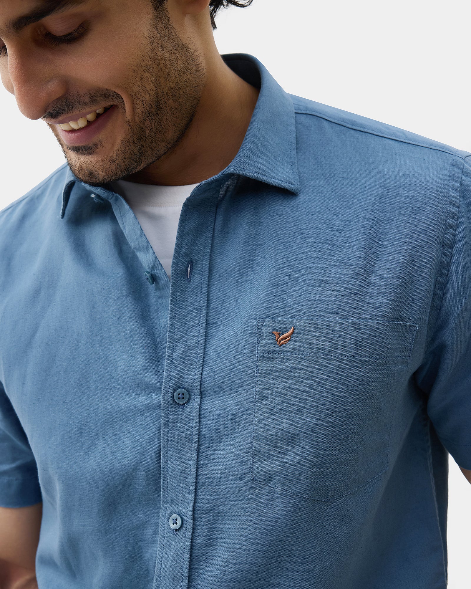 Blue Half Sleeve Linen Solid Shirt - Cleo