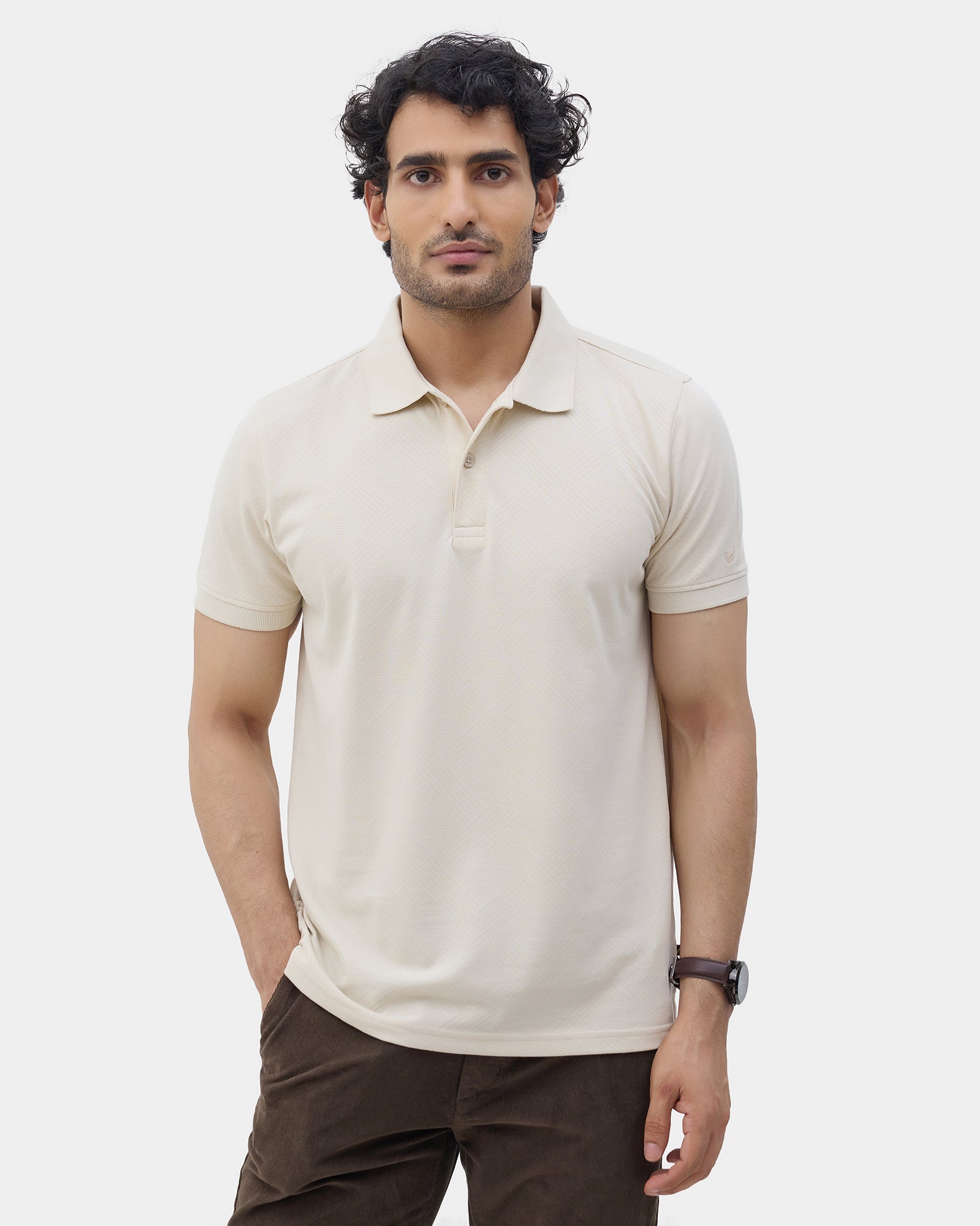 Almond Beige Textured Polo - Lina