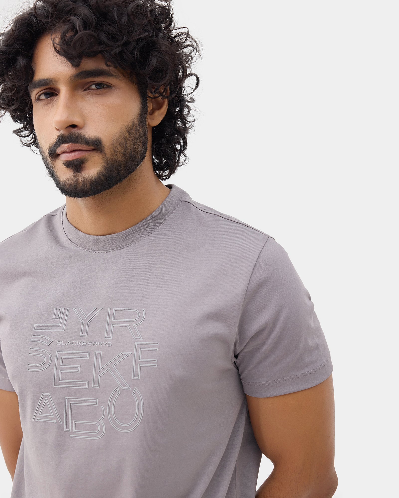 Front Gray Crew Neck Printed T-Shirt - Kamigata