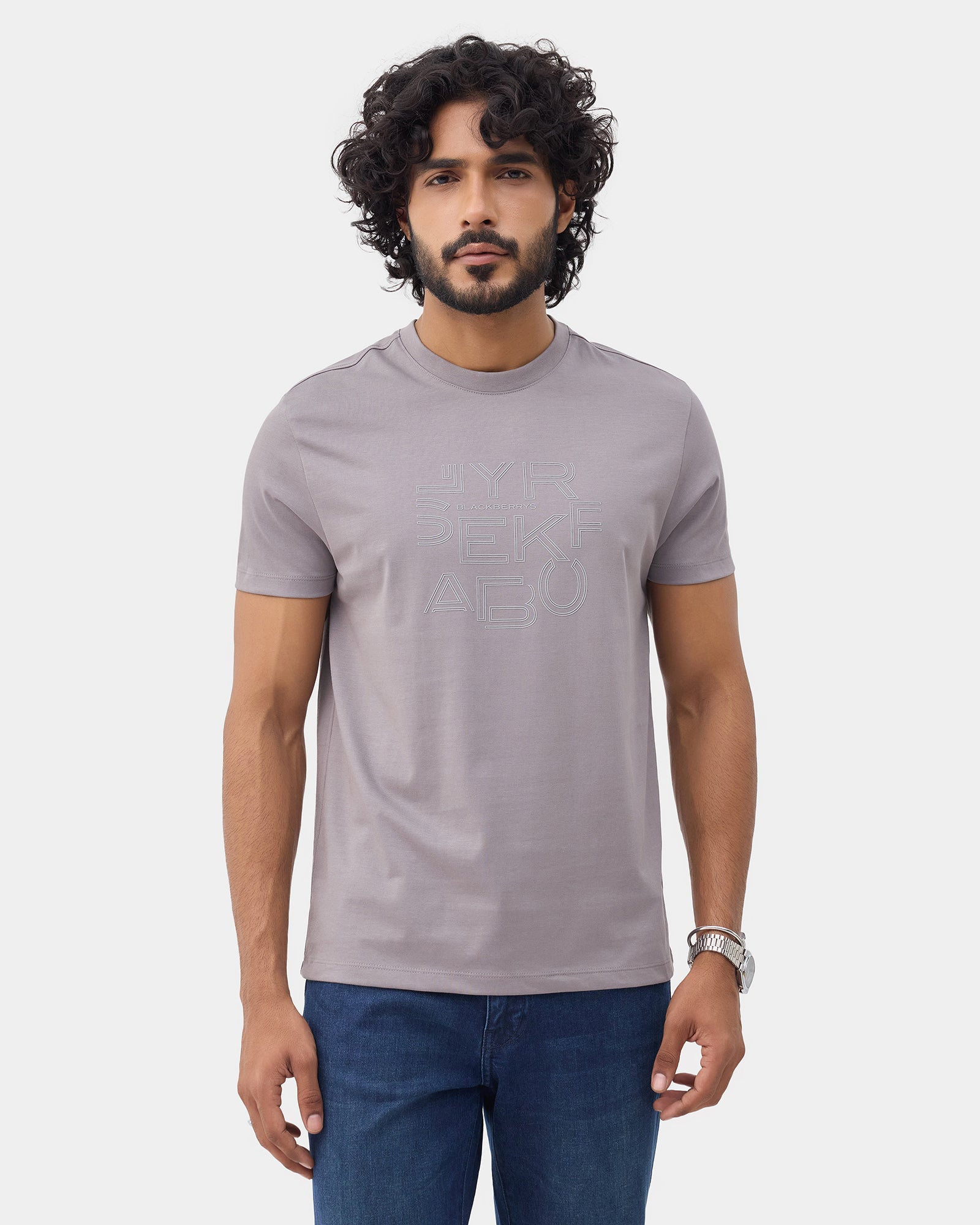 Front Gray Crew Neck Printed T-Shirt - Kamigata