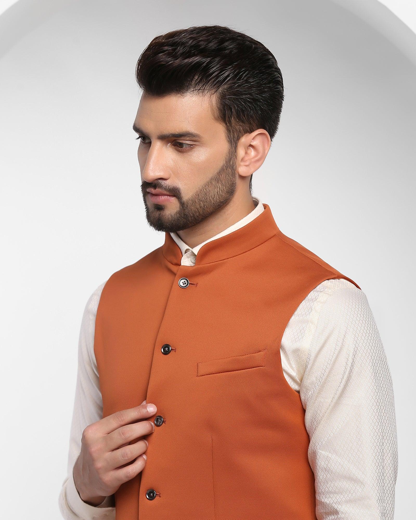 Solid Formal Bandhgala Waist Coat In Orange (Aphrodo) - Blackberrys