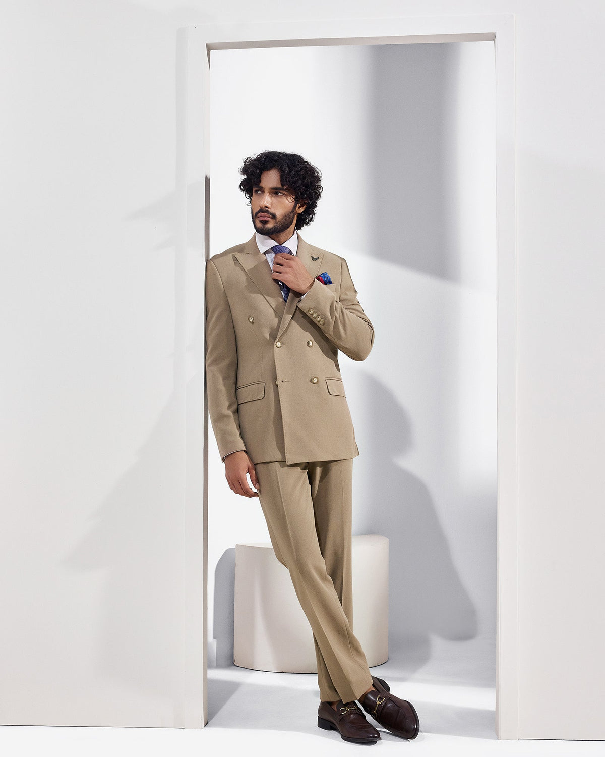 Khaki Two Piece Double Breasted Textured Suit - Lemok