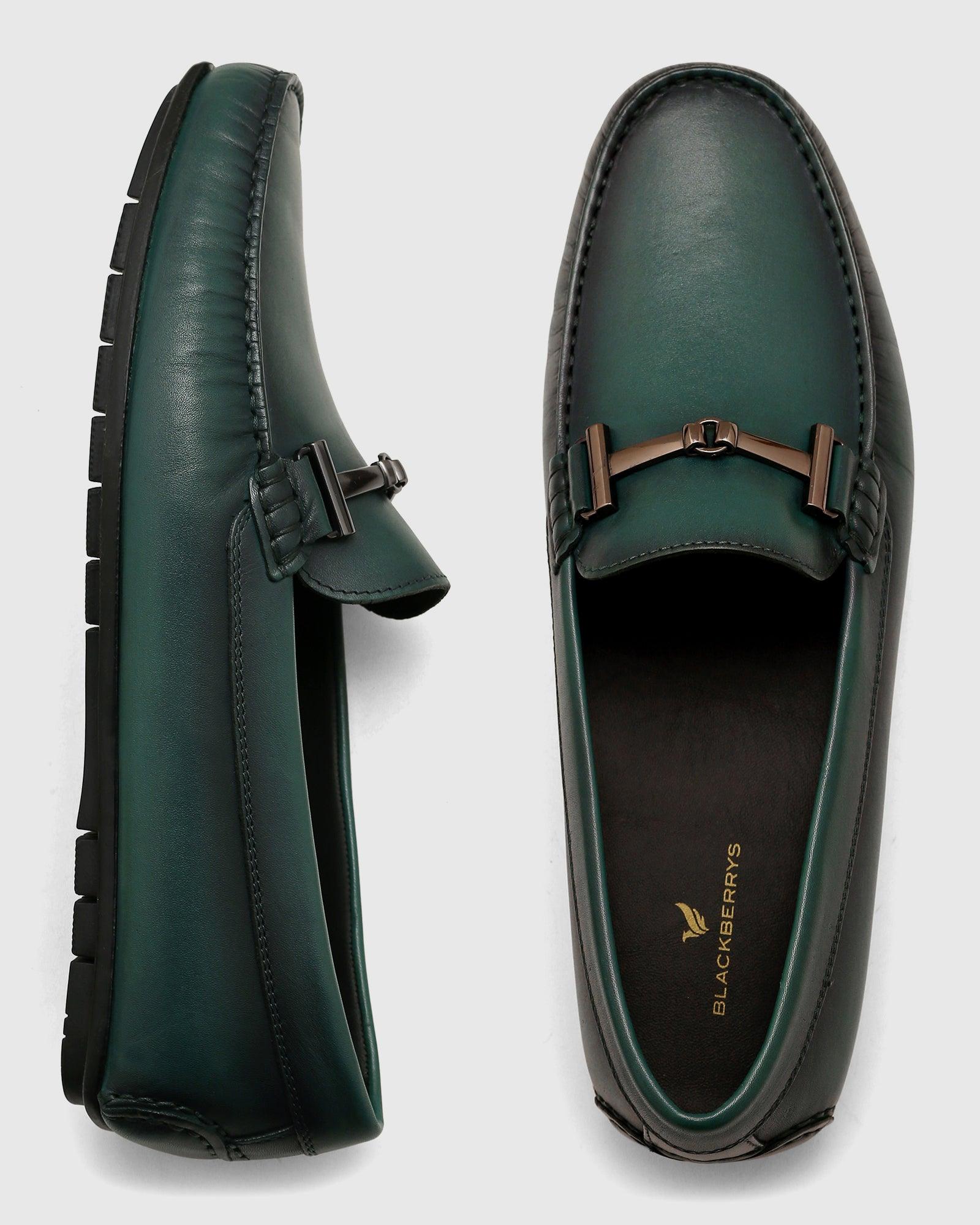 Solid Leather Loafers Shoes In Dark Green (Qanali) - Blackberrys