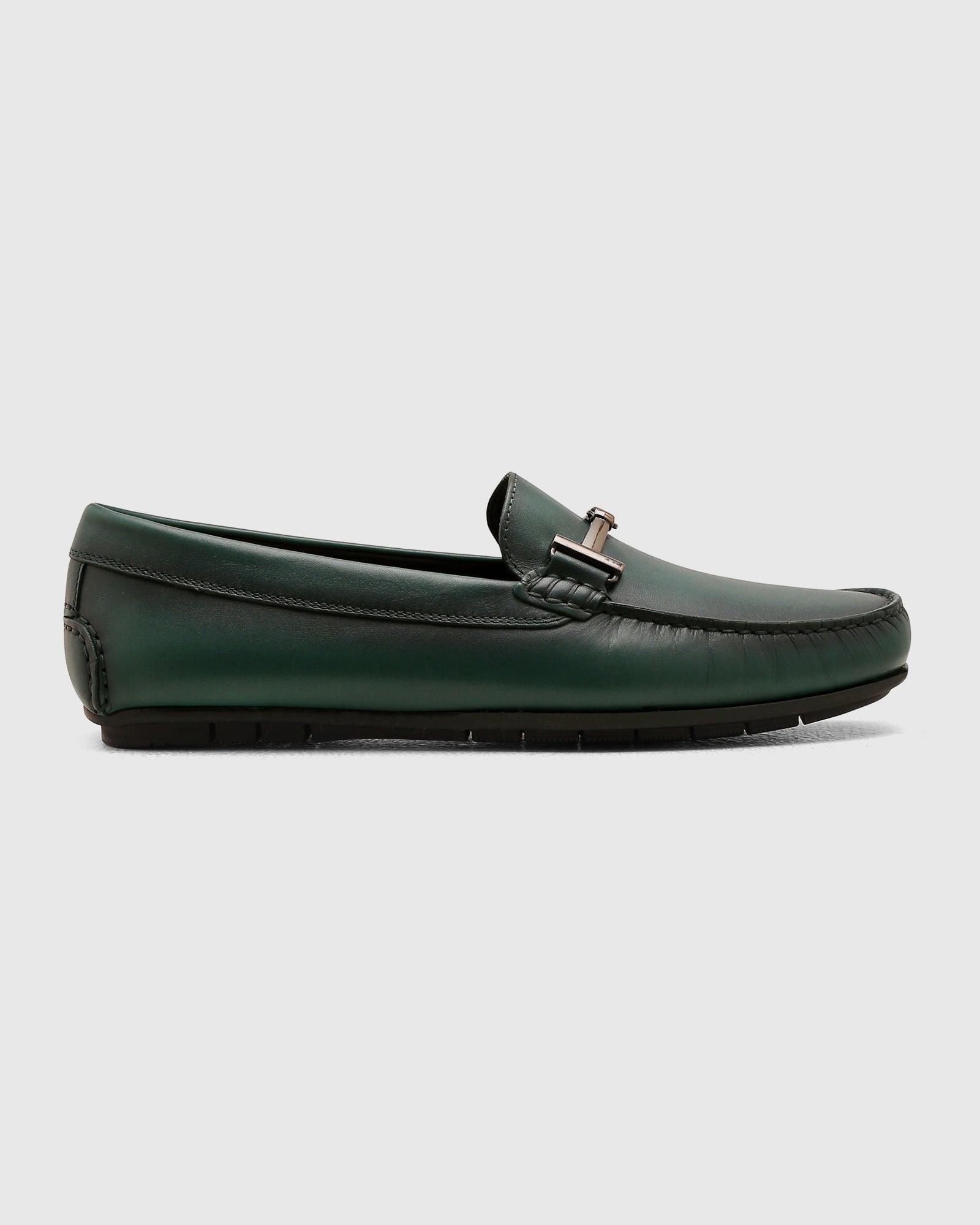 Solid Leather Loafers Shoes In Dark Green (Qanali) - Blackberrys