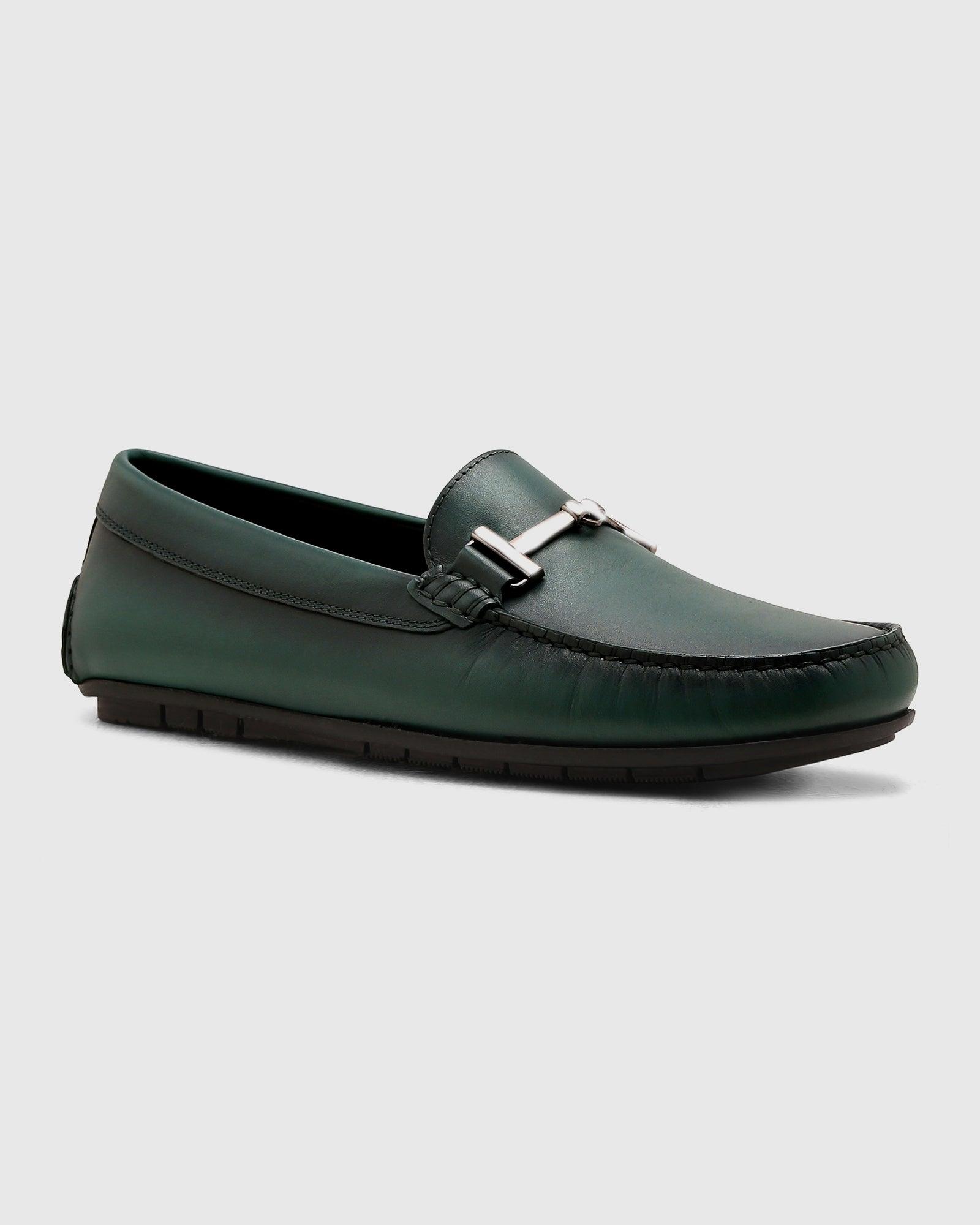 Solid Leather Loafers Shoes In Dark Green (Qanali) - Blackberrys